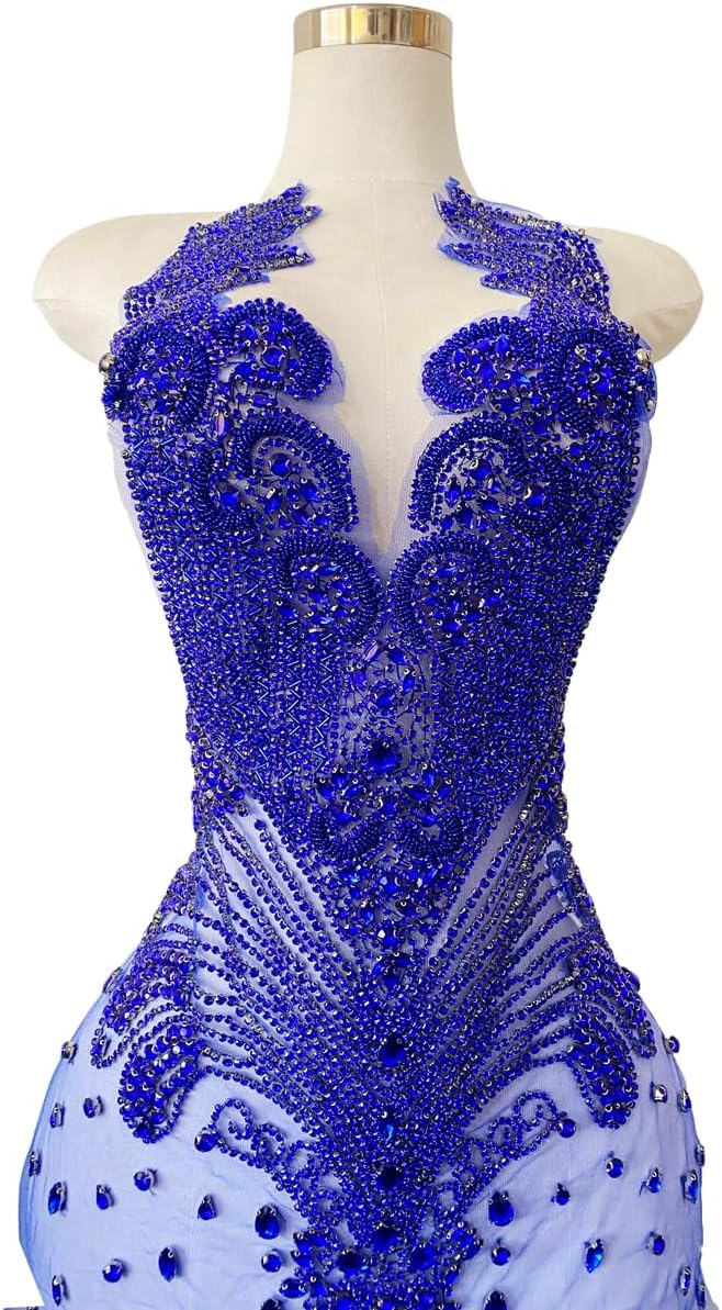 Large Handmade Beaded Crystal Patches Bodice Glass Rhinestone Applique Designs for Prom Formal Dress (Blue)
