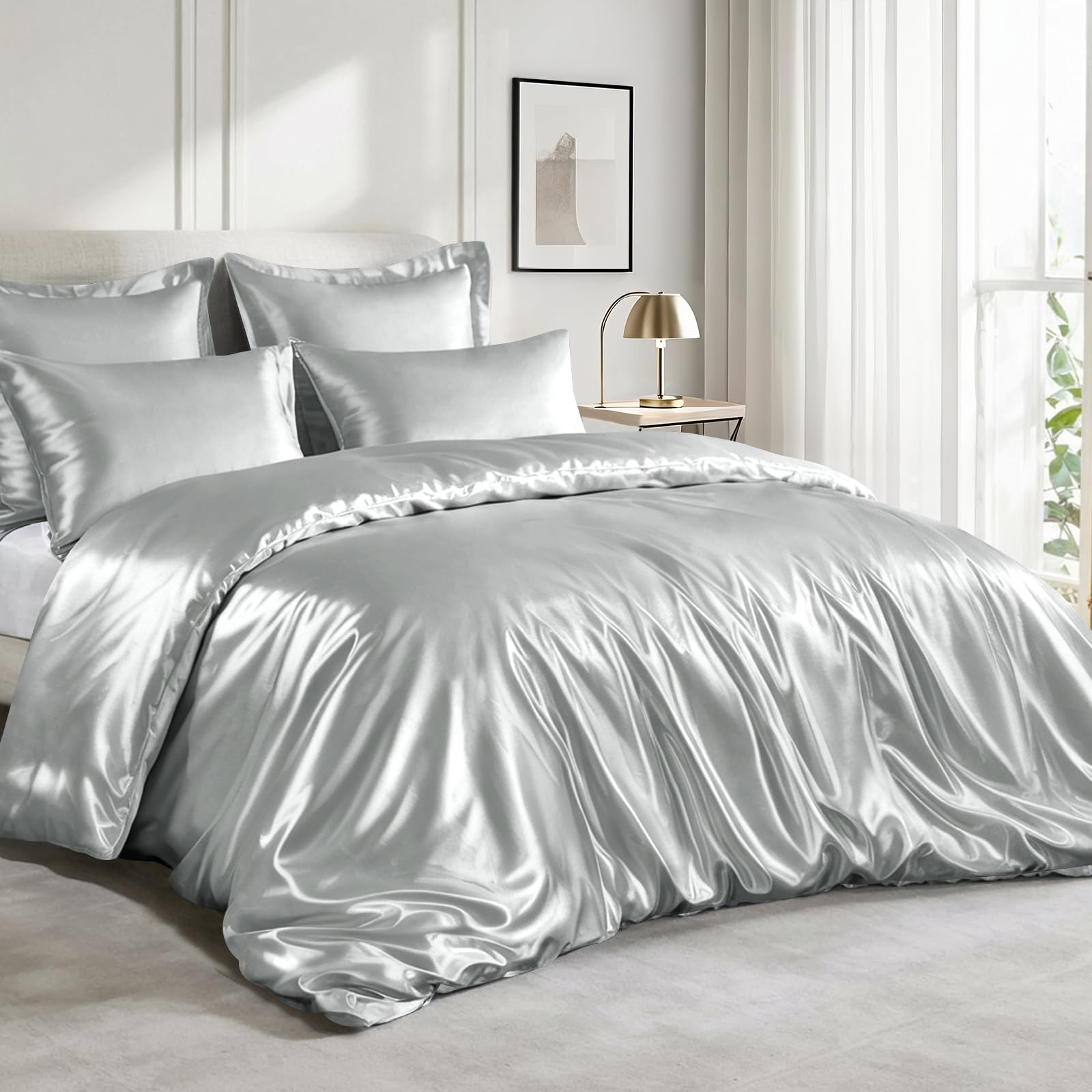 RUIKASI Satin Bettwäsche 200x220 Grau - Luxus Bettbezug mit Glanz wie Seiden Bettwäsche Set Hellgrau für Haar und Haut… – Ansicht 2