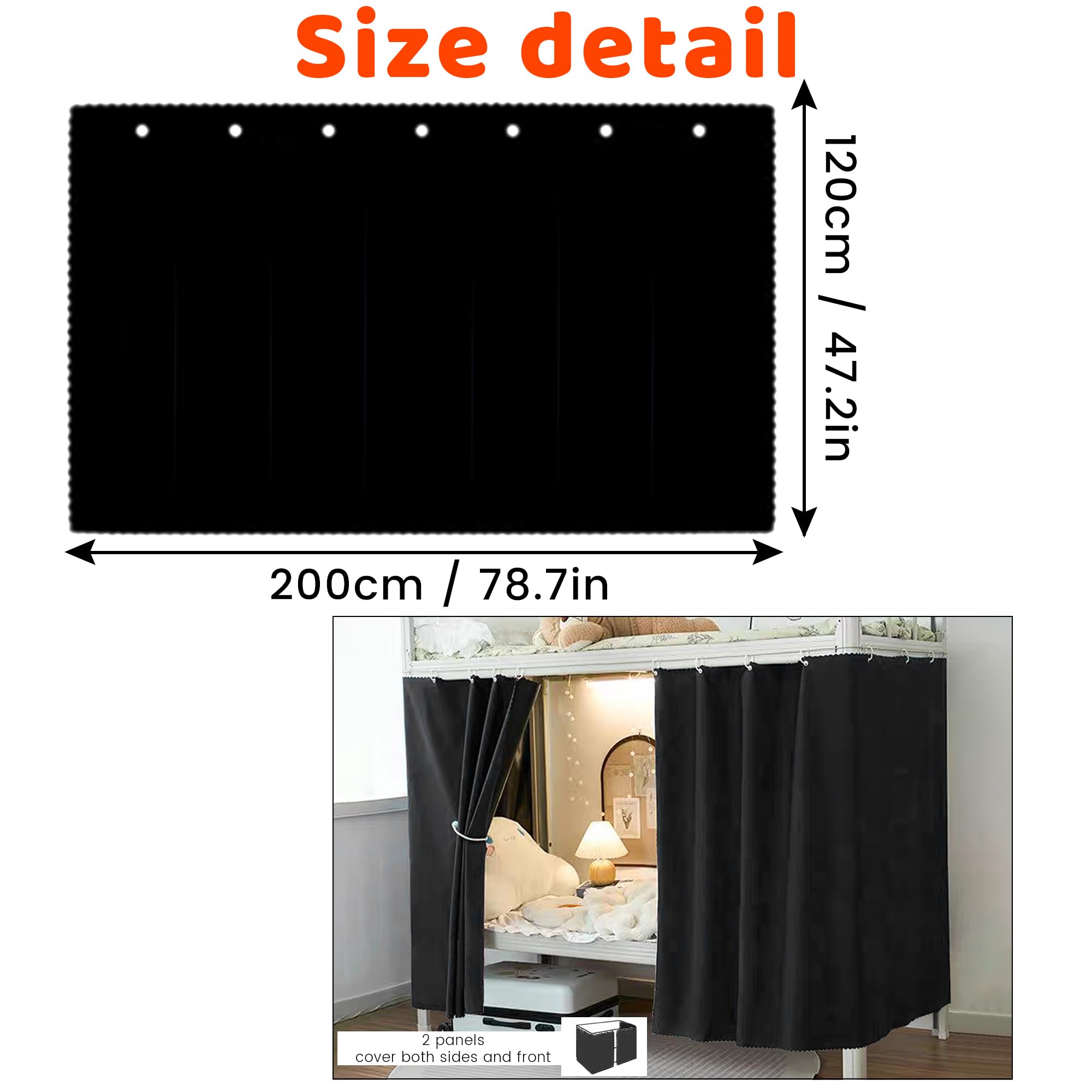 Bunk Bed Curtains Dorm Room Privacy Canopy Blackout Bunk Bed Drapes for Bottom Bunk Bed, Black -2panels, W 47.2" x L 78.7" (2 Panels) - Image 2