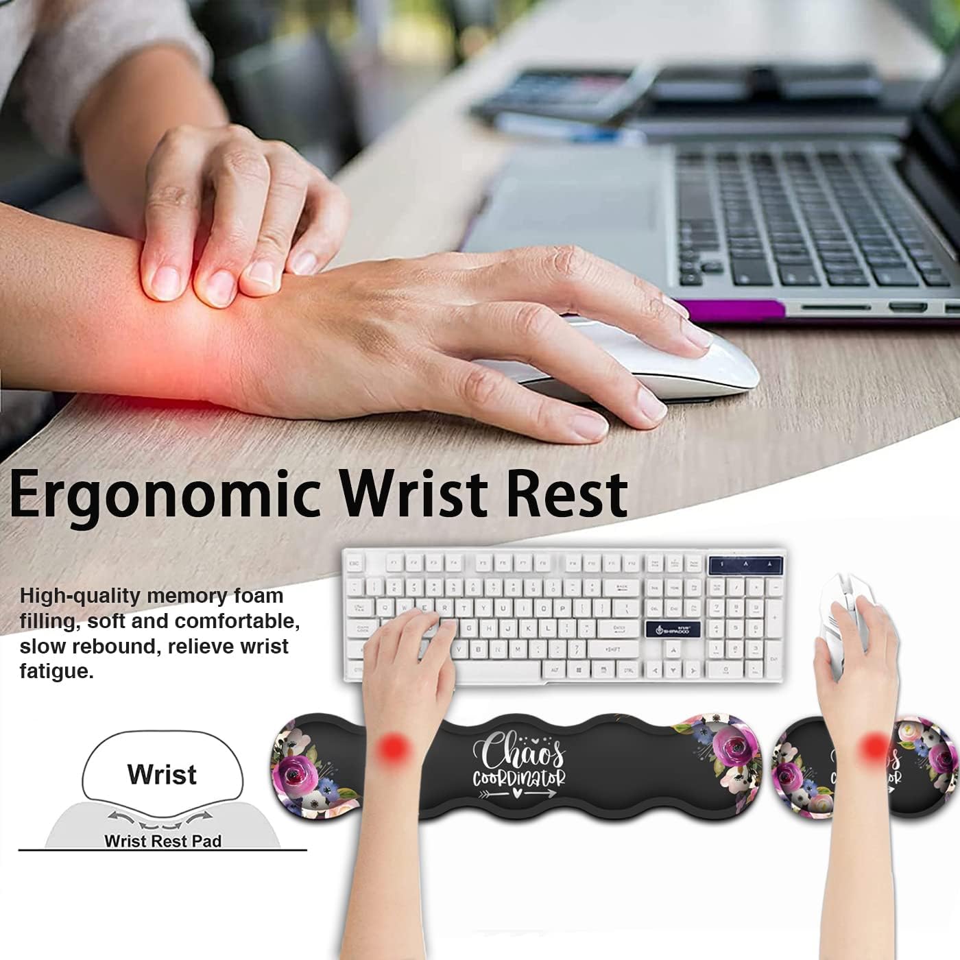 Gaming Mouse Pad and Keyboard Wrist Rest, Large Extended Mouse Pad 31.5X 11.8,Ergonomic Memory Foam Wrist Rest + Desk Mat Protector, for Office/Home Writing Pad, Vintage Watercolor Floral Mousepad