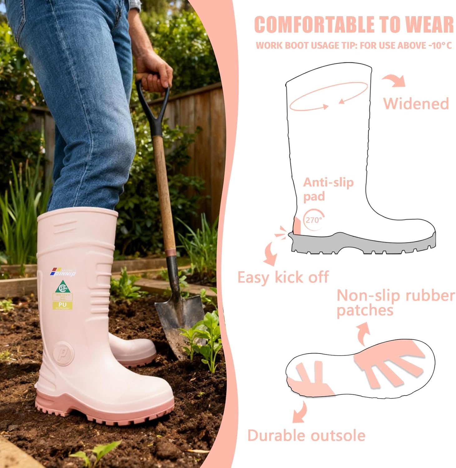 PU Rubber Boots for Women - ASTM Steel Toe & Puncture Resistant Safety, Waterproof Insulated Mud Rain, Anti-slip Garden Farm Work With 2 Insoles - Image 6