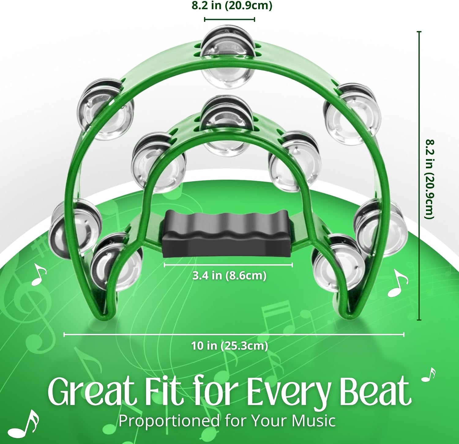 Flexzion Tambourine Metal Half Moon Musical Instruments Double Row Metal Jingles Hand Held Instruments Percussion with Ergonomic Handle Grip, Tambourines for Adults, 2 Packs - Green