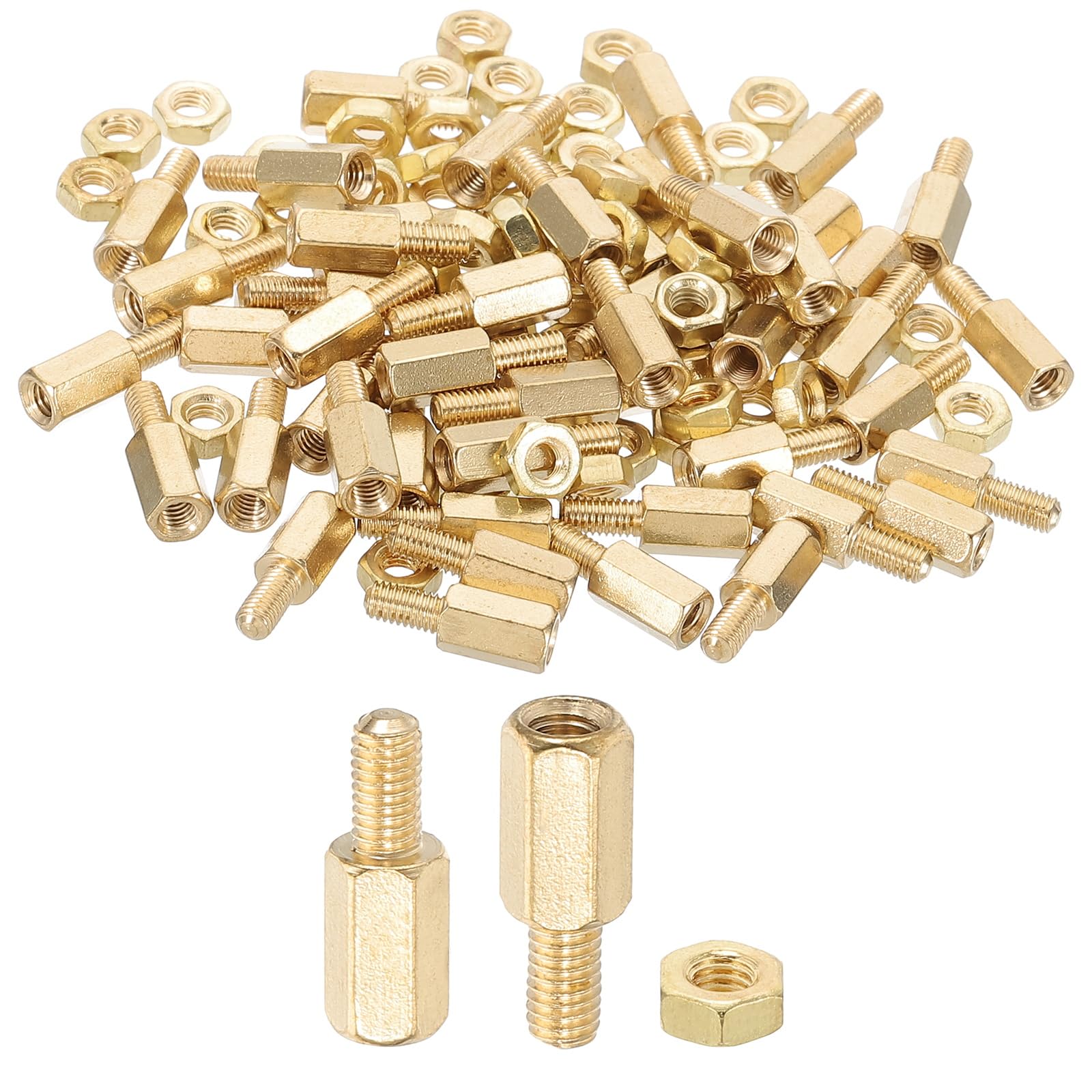 PATIKIL M3X8mm+6mm Standoff Screws, 100Pcs Male to Female Hex Brass PCB Standoff Spacer Screw Nut Assortment Kit for PCB Computer Circuit Board, Golden