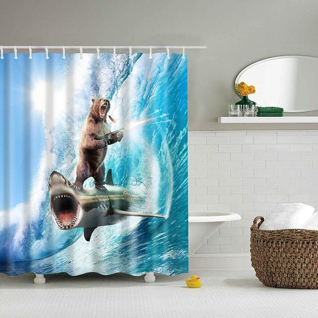 Boyouth Bear Standing on the Shark Shooting and Wave Pattern Digital Print Shower Curtains for Bathroom Decor,Polyester Waterproof Fabric Bath Curtain with 12 Hooks,70x70 Inches,Multicolor