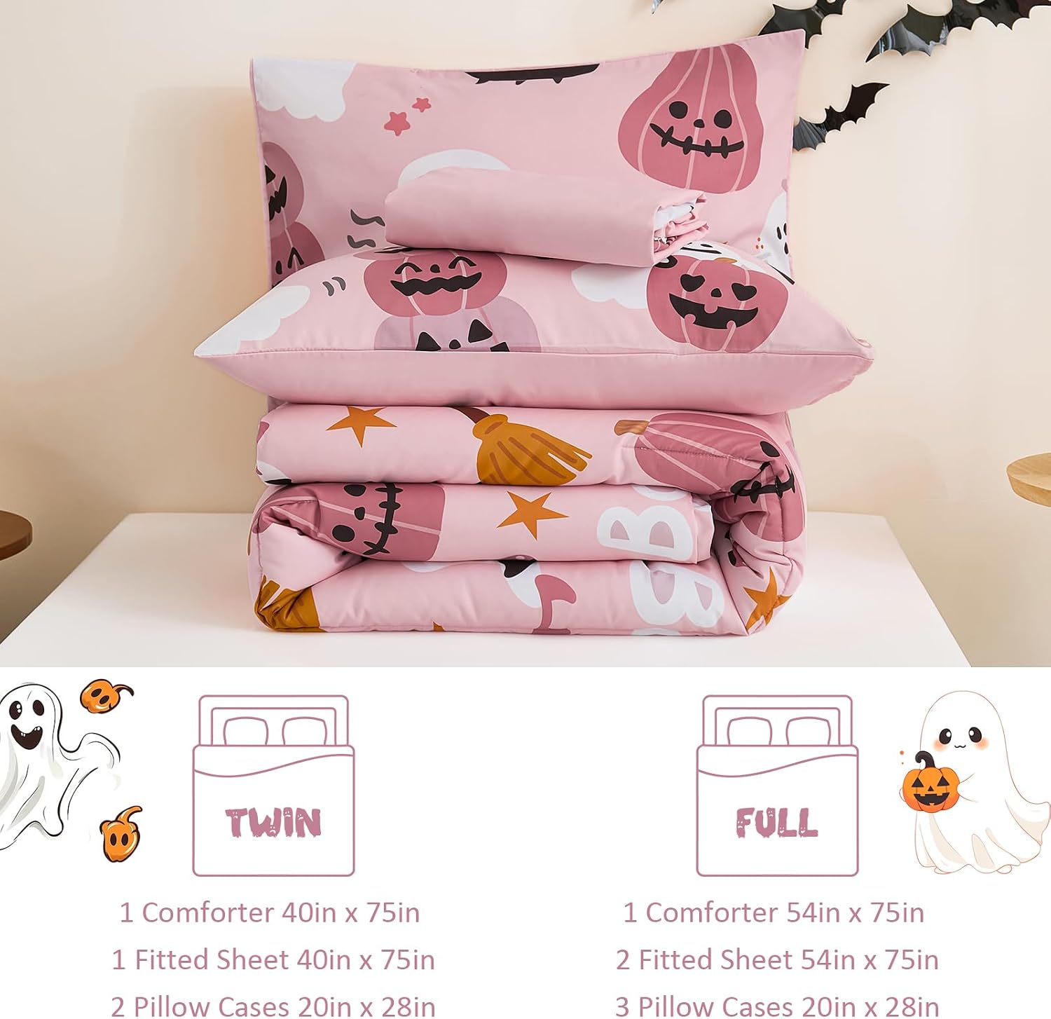 Anibedding 3Pcs Halloween Styles Zip Up Bedding Comforter Set, Pink Pumpkin and Ghost All in One Zipper Twin Bedding Set with Pillowcase for Kids