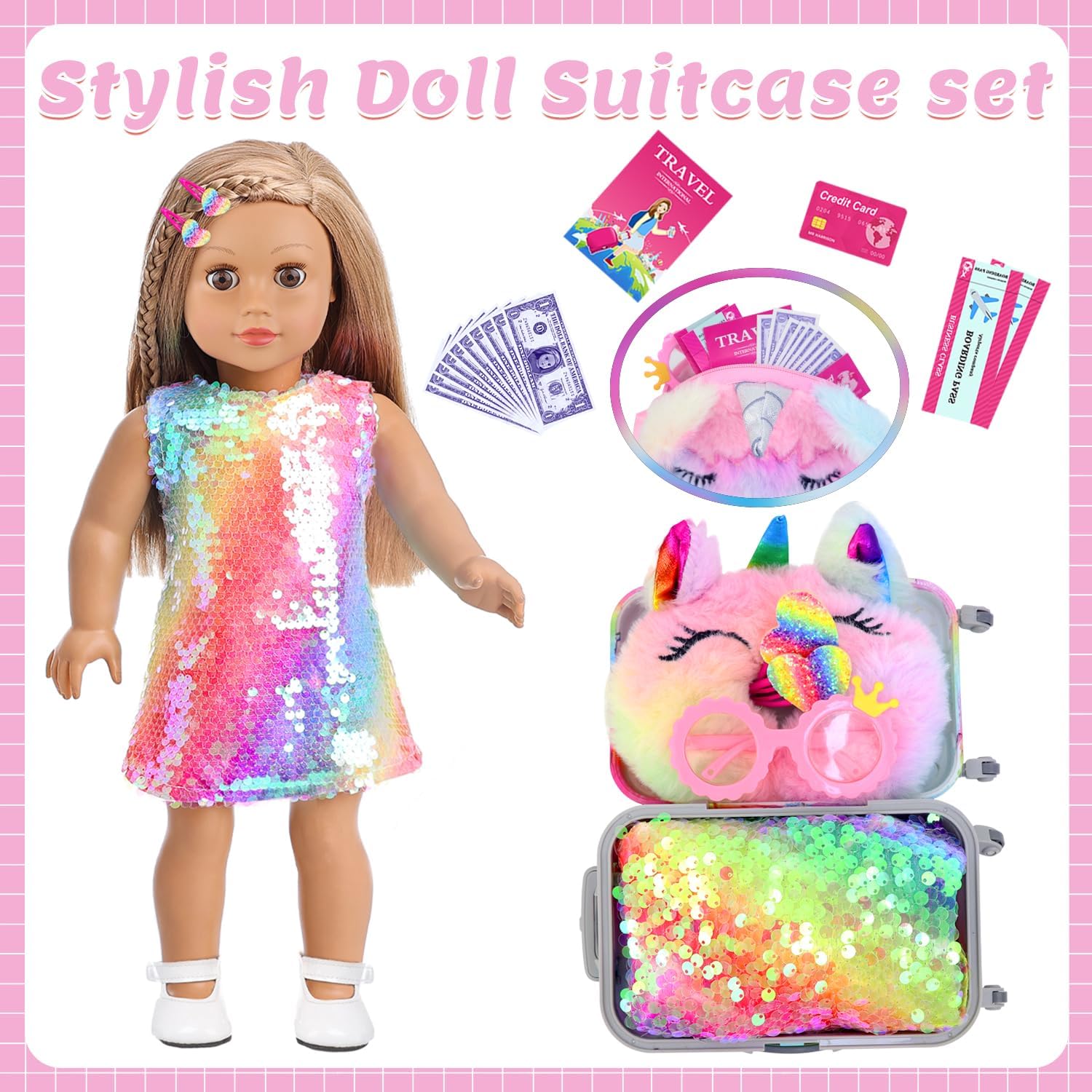 K.T. Fancy 23 Pcs American 18 Inch Doll Clothes & Accessories, Cute Doll Suitcase Set with Sequined Dress, Sunglasses, Unicorn Bag, Shoes