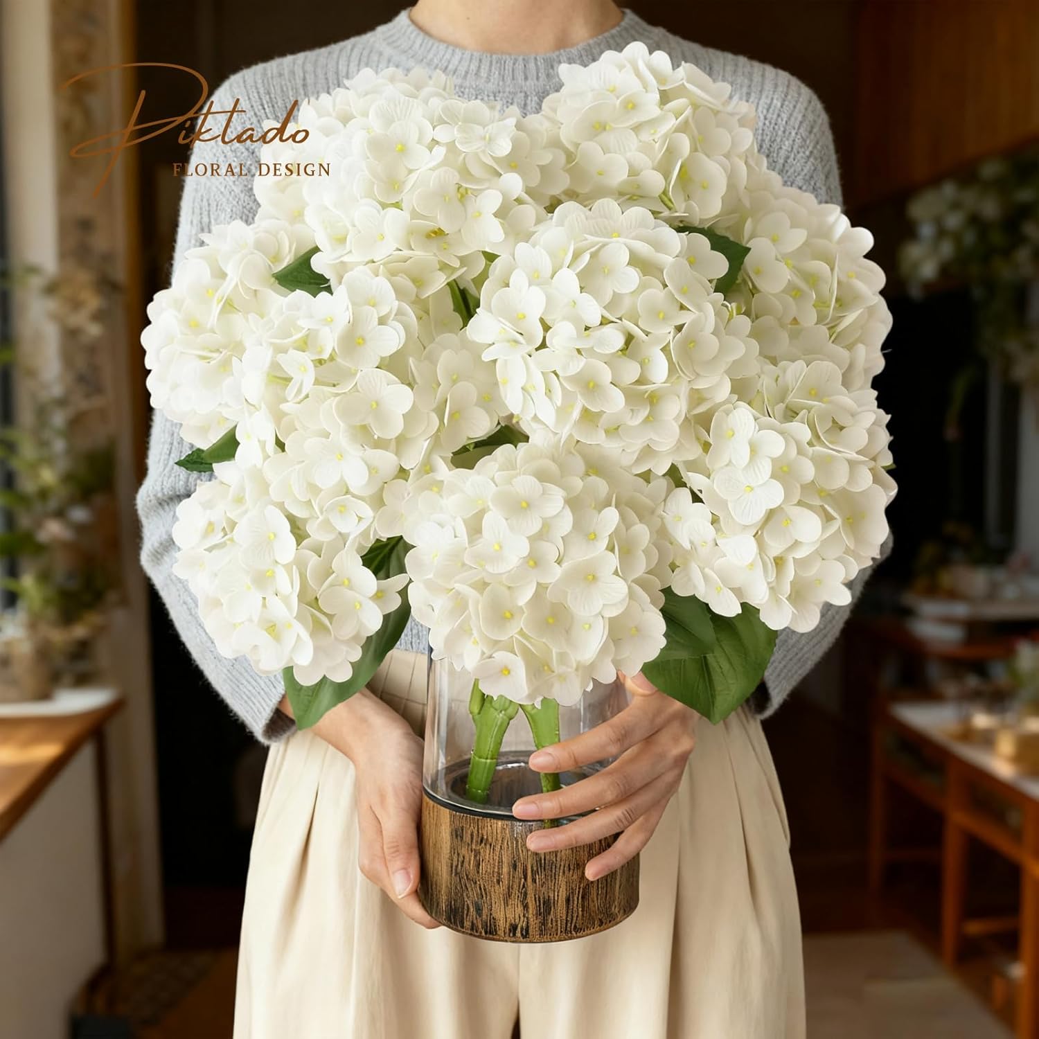 A Bunch 21in White Real Touch Hydrangea Artificial Flowers with 5pcs Flower Head 10pcs Leaves Faux Hydrangea Flowers for Home Office Decor Wedding Party Arrangements (1, White) - Image 2
