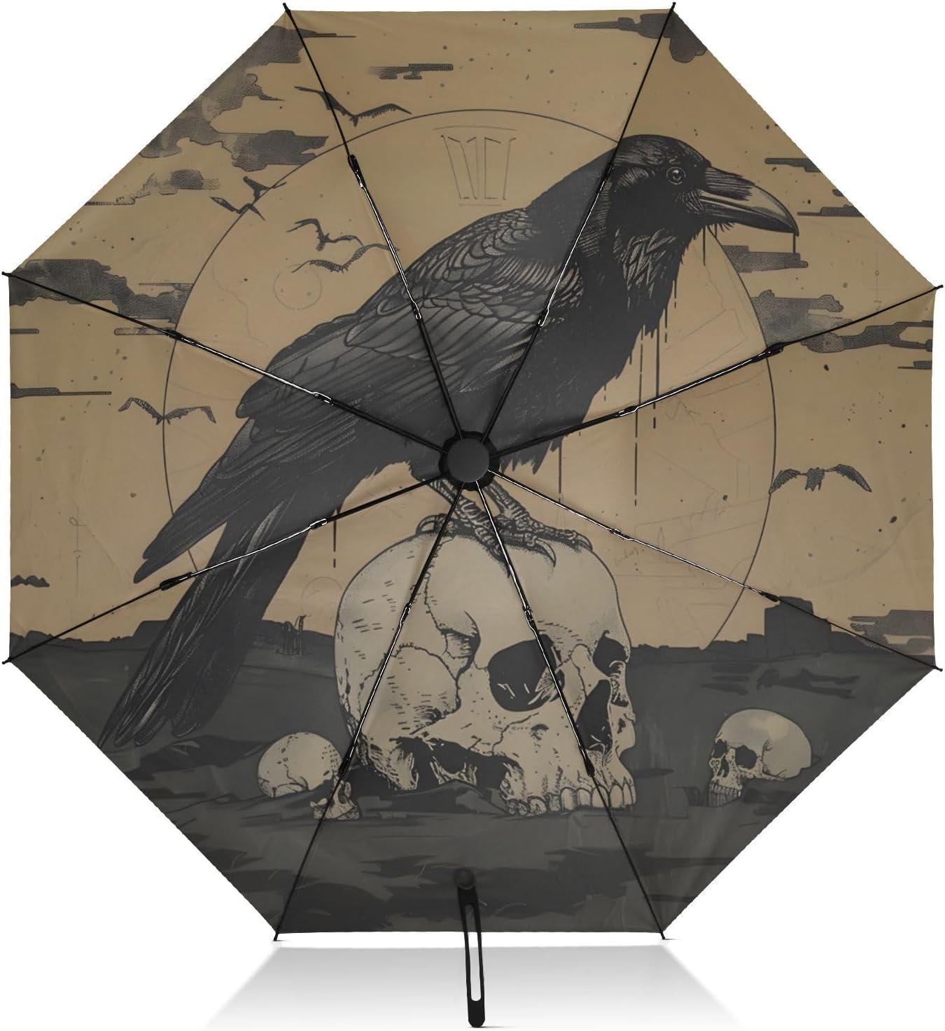 Gothic Crow Skeleton Umbrellas for Rain Travel Umbrella Compact Folding Lightweight Portable Automatic Umbrella