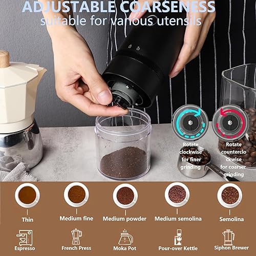 Miniatura 5 de Molinillo de café portátil pequeño  Molinillo de granos de café eléctrico con múltiples ajustes de molienda para prensa francesa, infusión fría,