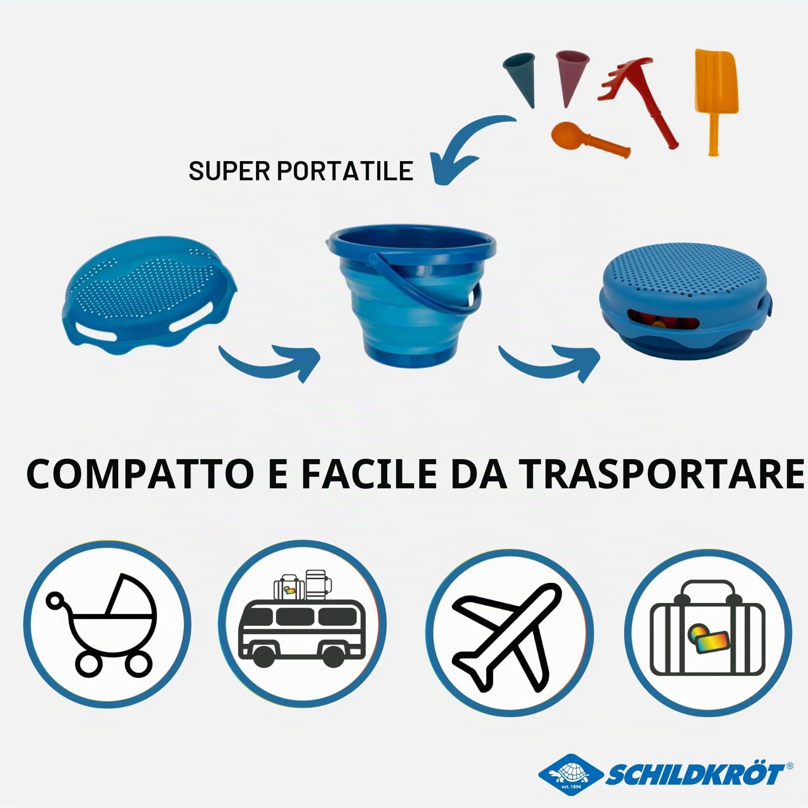 Schildkröt 7in1 Set da Gioco di Sabbia, Innovativo, Compatto e Salvaspazio, Secchio Pieghevole da 3 Litri con 6 Giochi di Sabbia per Scavare, Modellare, Setacciare e Rastrellare, 970244