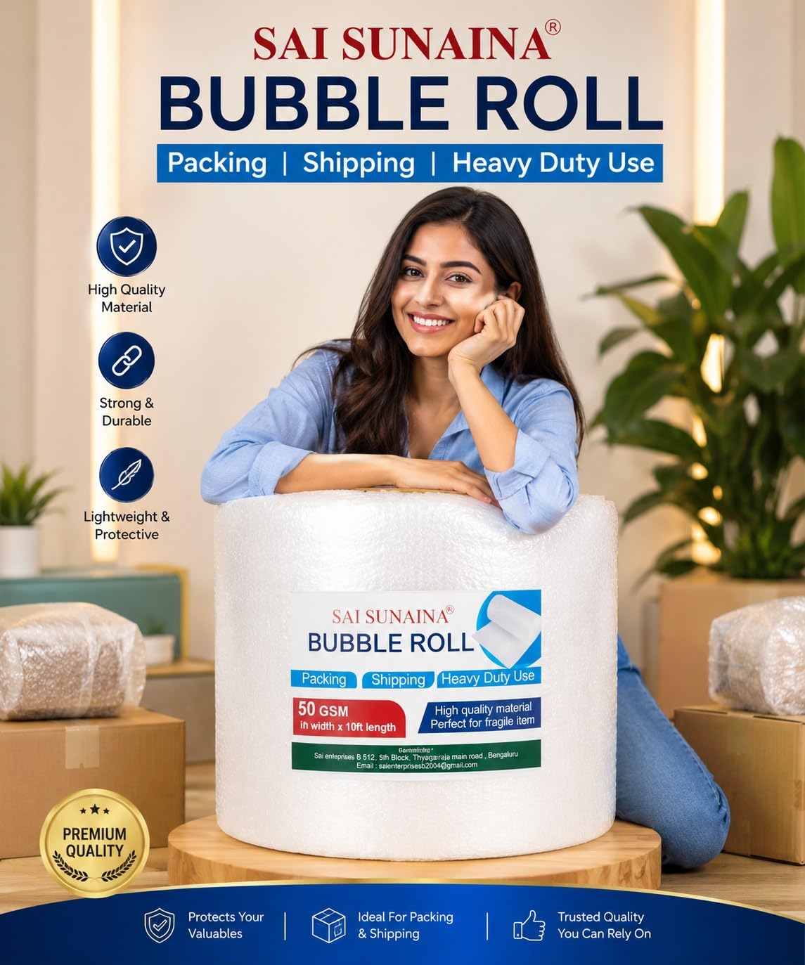 Air bubble wrap roll 25 meter 55 GSM thickness 50CM WIDE heavy duty thickness bubble wrap roll perfect for shipping,moving and storage needs cushioning material (25 meter)-image-45