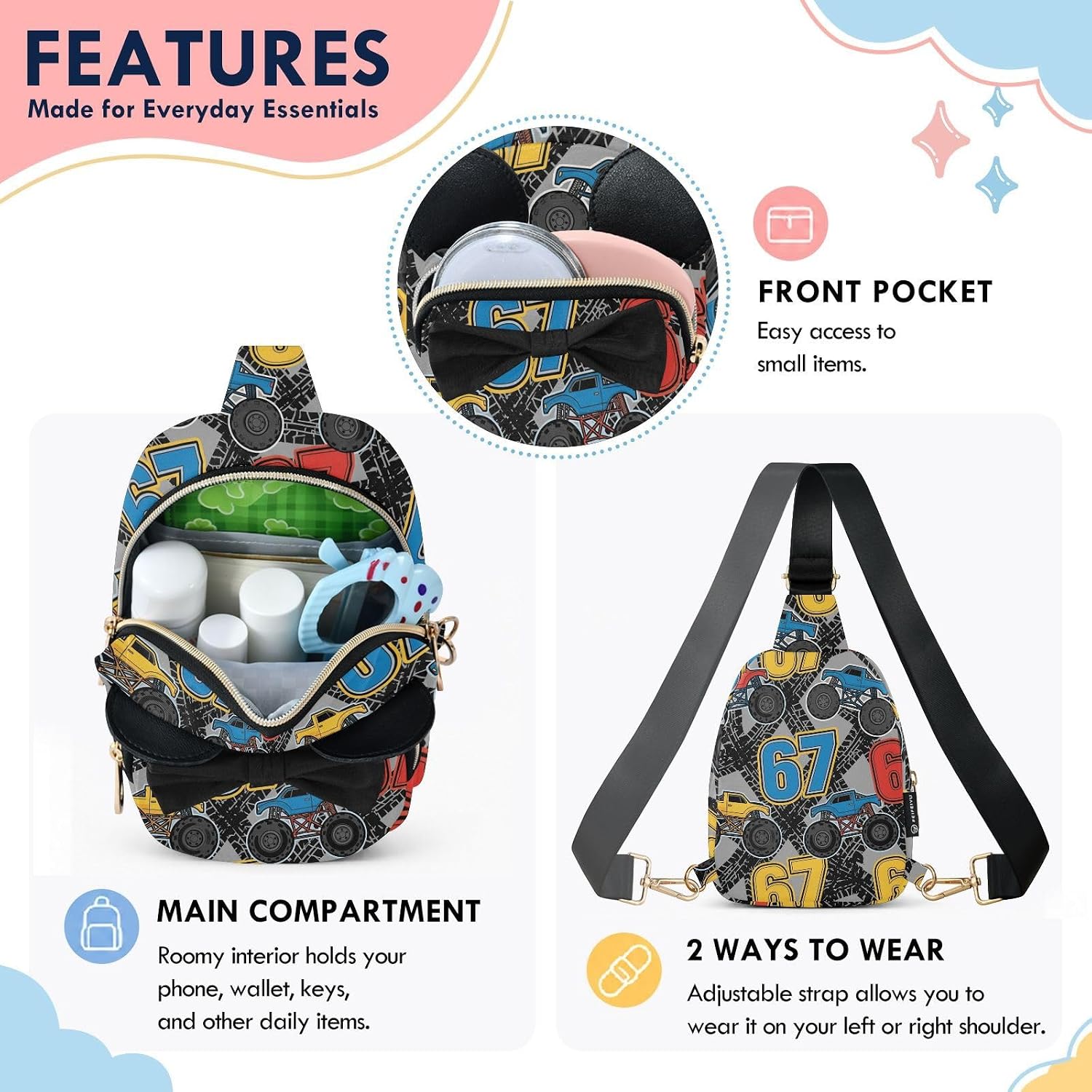 Sinestour Six Seven Kids Sling Bag for Girls, 3.1"x7.5"x5.7" | Crossbody Fanny Pack, Toddler Purse, Cute Sling Belt Bag with Ears, 2L Small Shoulder Chest Bag for Travel
