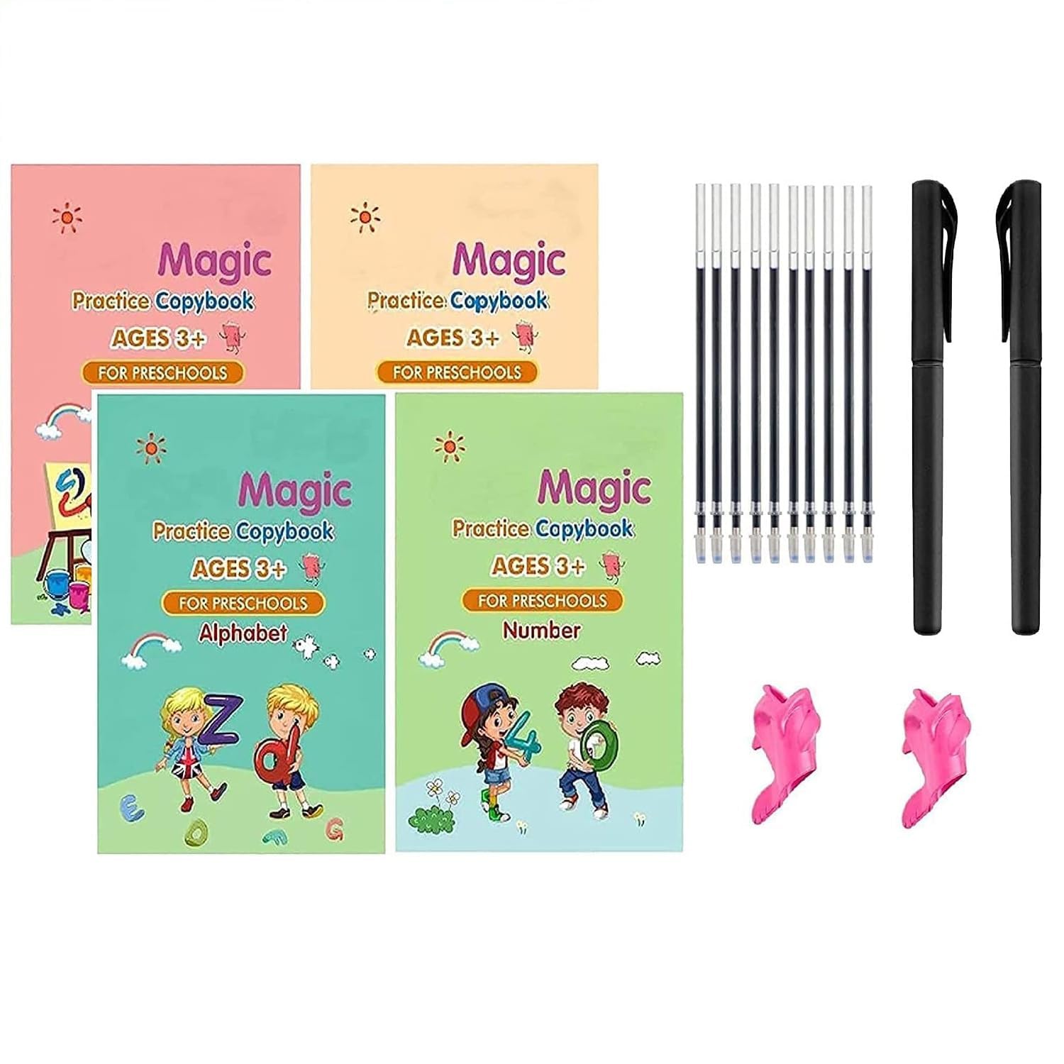 Sank Magic Practice Copybook Number Tracing Book for Preschoolers with Pen, Magic Calligraphy Copybook Set Practical Reusable Writing Tool Simple Hand Lettering 4Book+1Pen+10Refill+1Grip