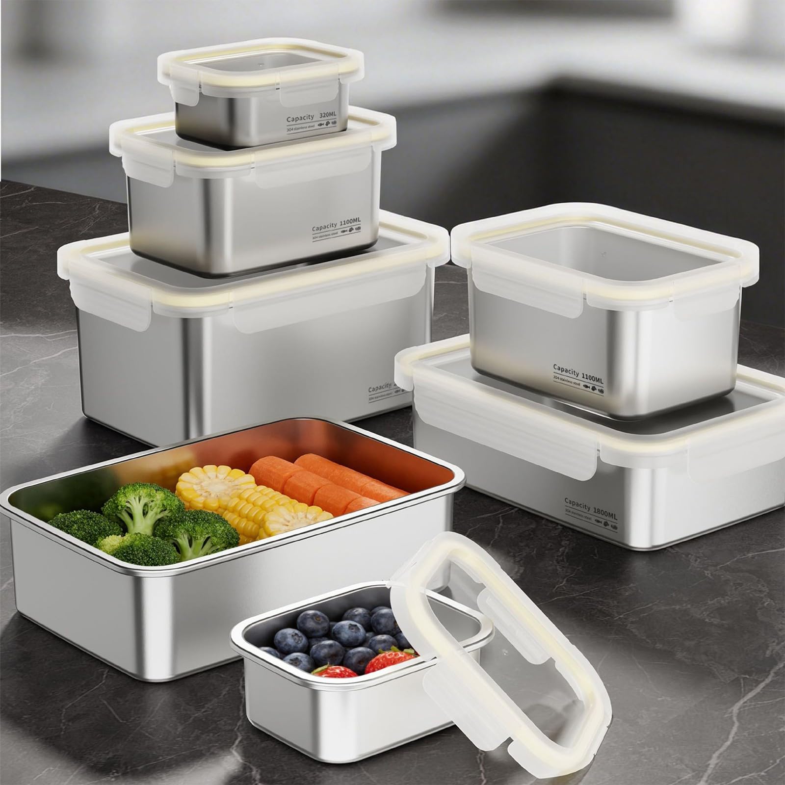 Contenitore per alimenti in acciaio inossidabile, contenitore per alimenti in metallo 304 con coperchio a clip traslucido per la preparazione dei pasti e per l ' uso in frigorifero Contenitore
