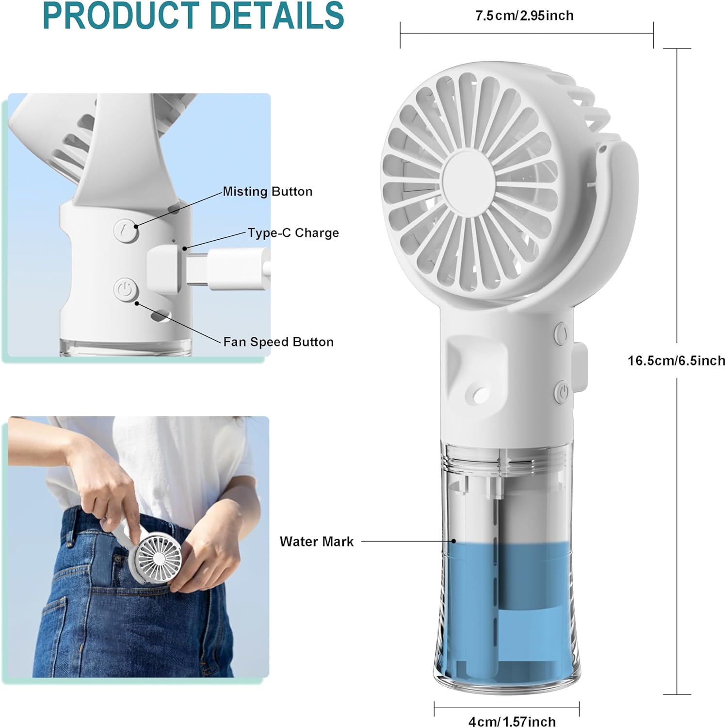 Handheld Misting Fan，Rechargeable Battery Operated ，Portable 4 Speeds & 55ml 360° Swiveling Personal Fan for Travel Camping Outdoor (White) - Image 2