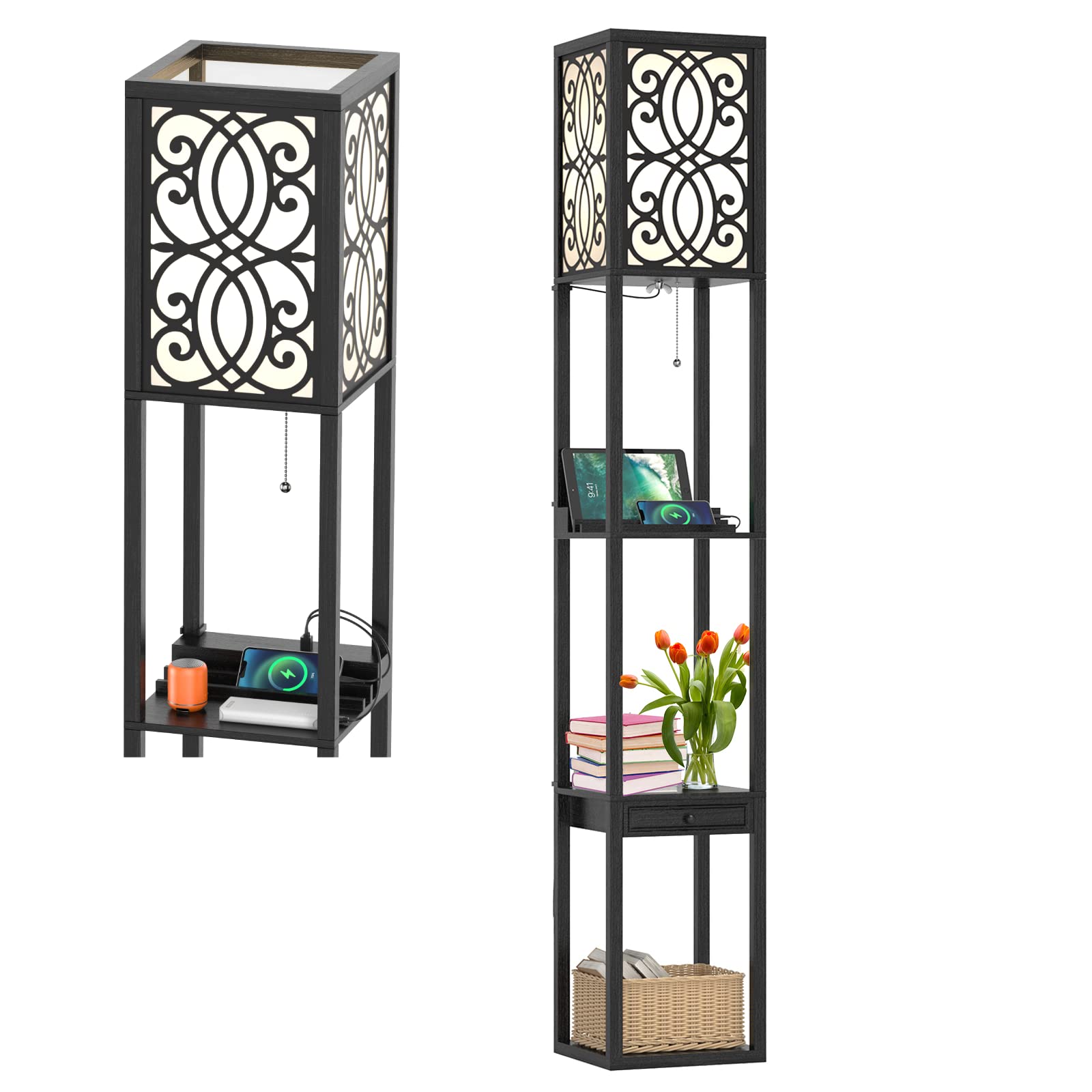 TANGZON Floor Lamp with Shelves, 3 Tiers Wooden Shelf Tall Standing Light with 2 USB Charging Ports & Drawer, Corner Standard Lamp for Living Room Bedroom (Curved Patterns)