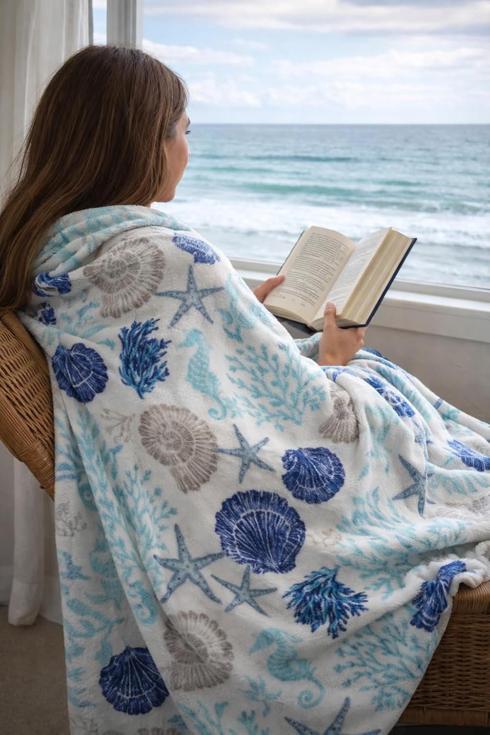 Ocean Life Coastal Throw Blanket: Soft Plush Velvet Fleece Calming Hues of Blues Beige on White, Accent for Sofa Couch Chair Bed or Dorm (Coastal Shells) - Image 3