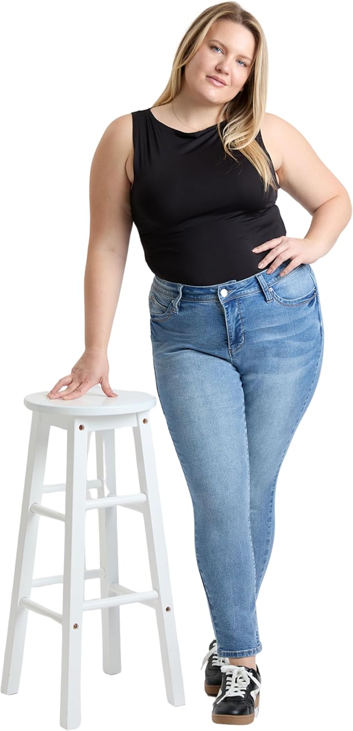ROYALTY FOR ME Women's Plus High Rise Curve Confidence Wannabettabutt Skinny Jeans, Light Blue, 20W - Image 6