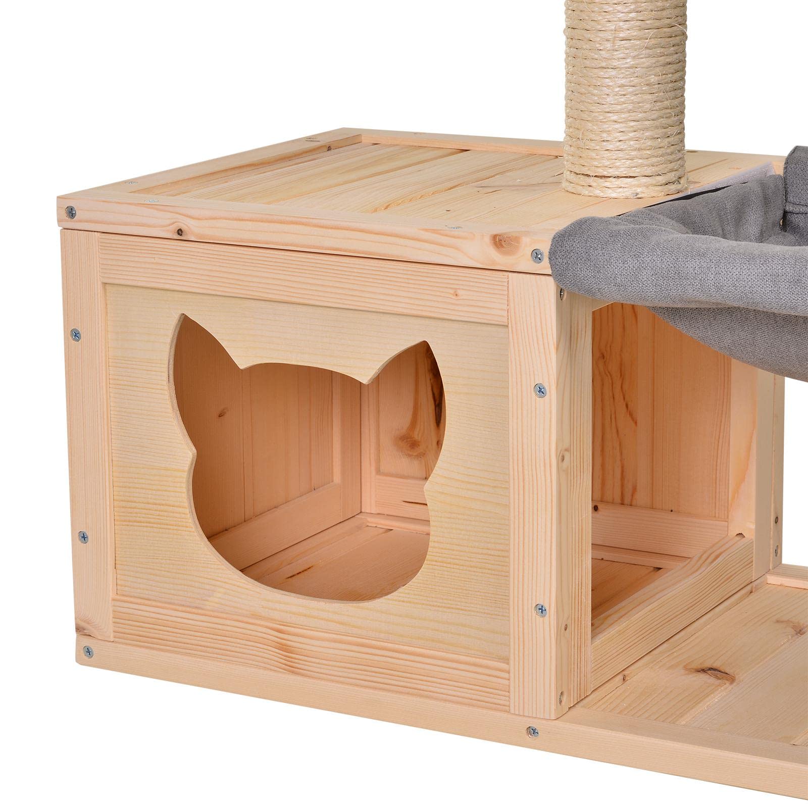 PawHut Katzenhöhle, Katzenbett mit Hängematte, Sisalstamm, Plattform Katzenhaus aus Holz Kratzbaum für Katzen für Indoor 70 x 35 x 60 cm Natur