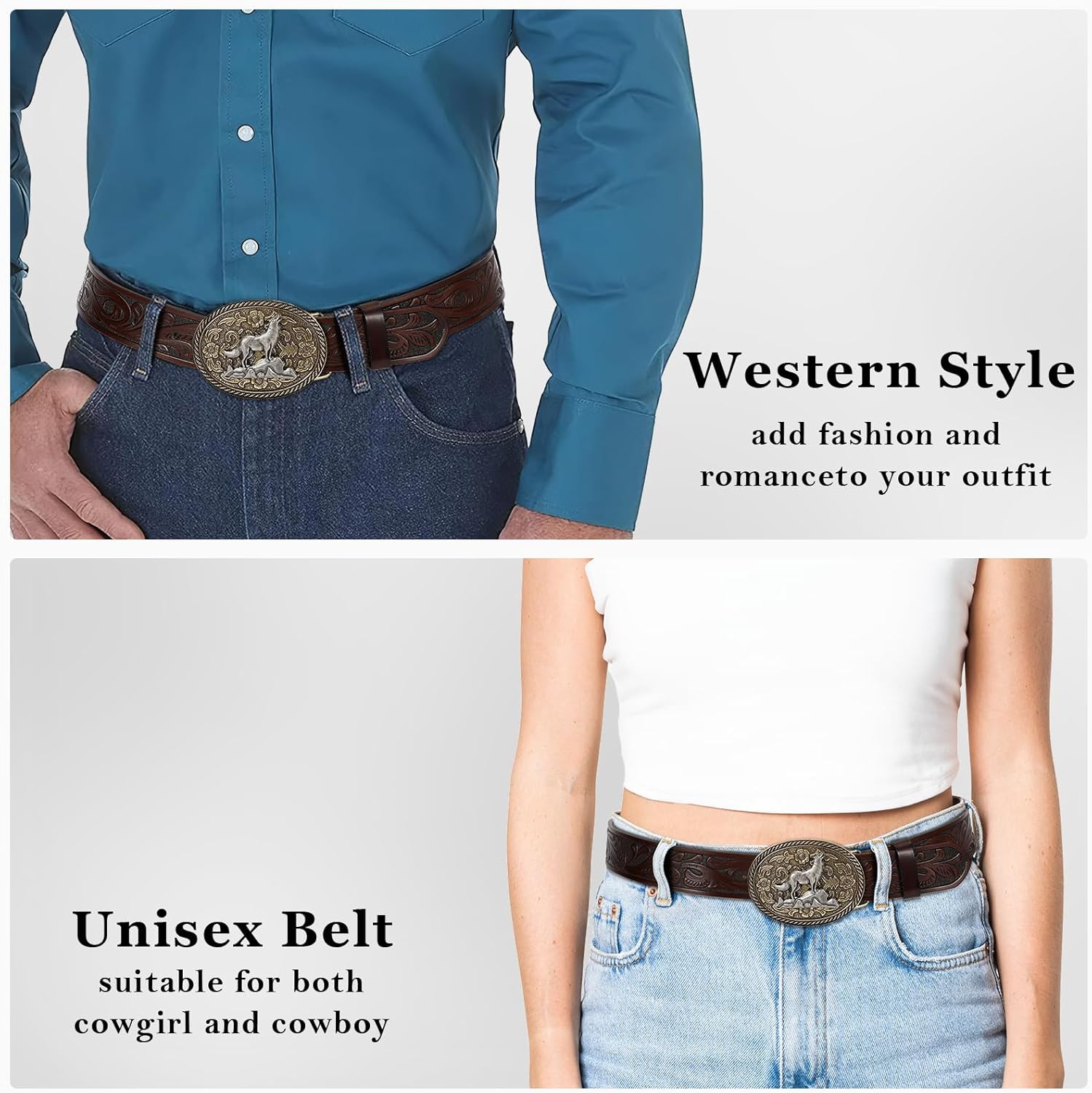 SANSTHS Cowboy Belts for Men Women - Western Cowboy Belt and Buckle, Cowgirl Leather Belts Big Buckles, Brown Black 1.5" - Image 4