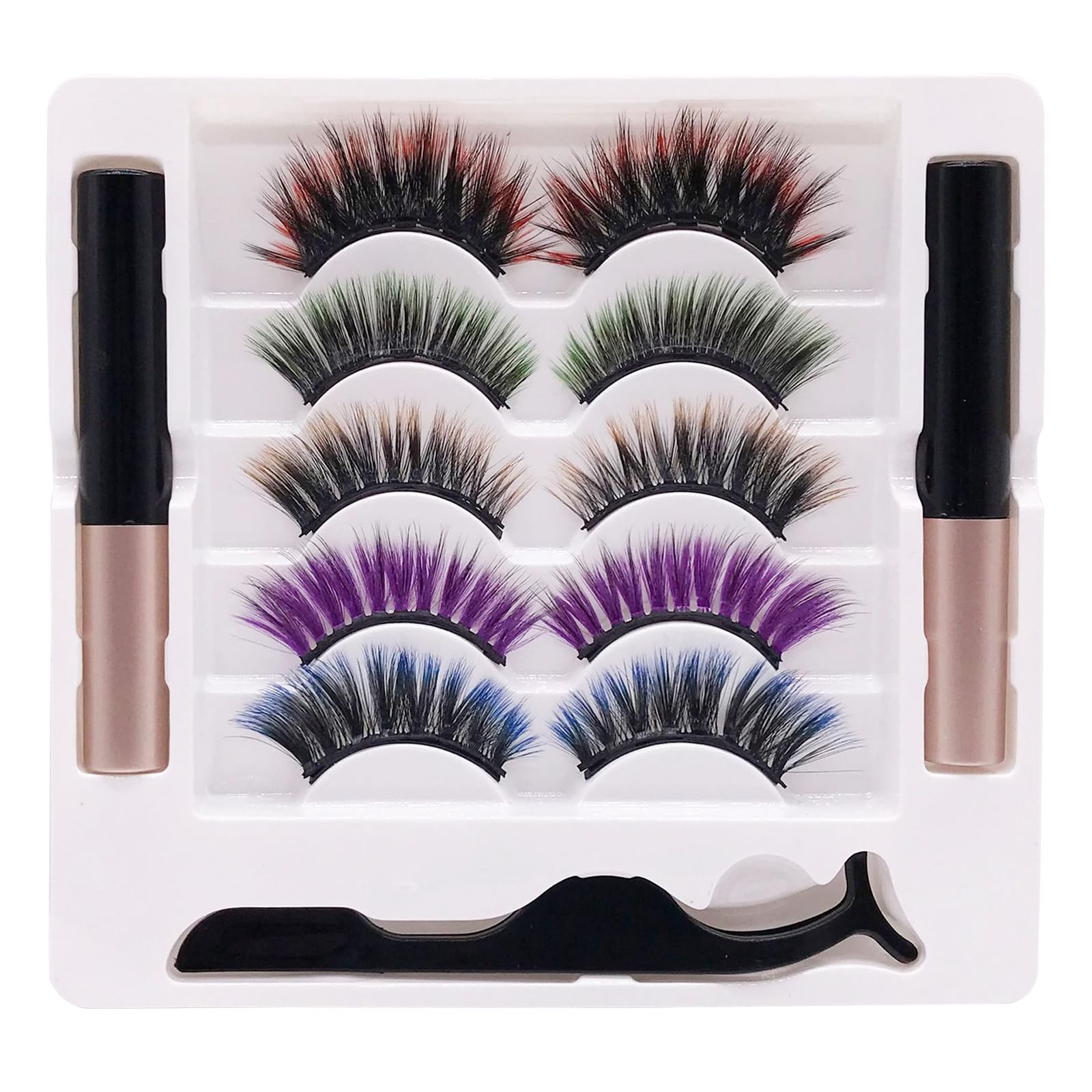 Set di ciglia magnetiche colorate, 5 paia di ciglia magnetiche artificiali, con 2 eyeliner magnetici e 1 pinzetta, facile da applicare, riutilizzabile, set di ciglia magnetiche colorate