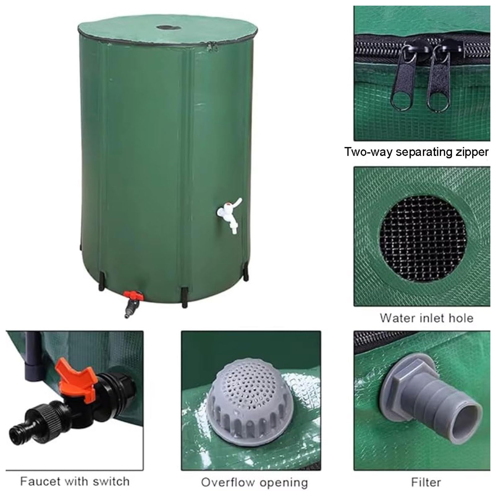 Colector de agua de lluvia plegable, sistema de recogida de barril de lluvia portátil con parte superior de malla, bajante y grifo, barril de almacenamiento de agua de jardín, capacidad de 750 litros