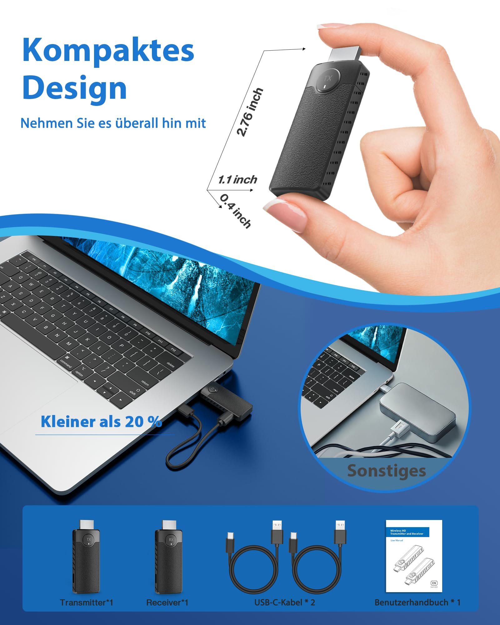 AIMIBO Wireless HDMI Transmitter and Receiver 1080P, 5.8G Kabellos Funkübertragung 4K Dekodierung, Kabelloses Sender Empfänger Drahtlos übertragen 30M, Streaming Video von Laptop/PC zu TV/Projektor
