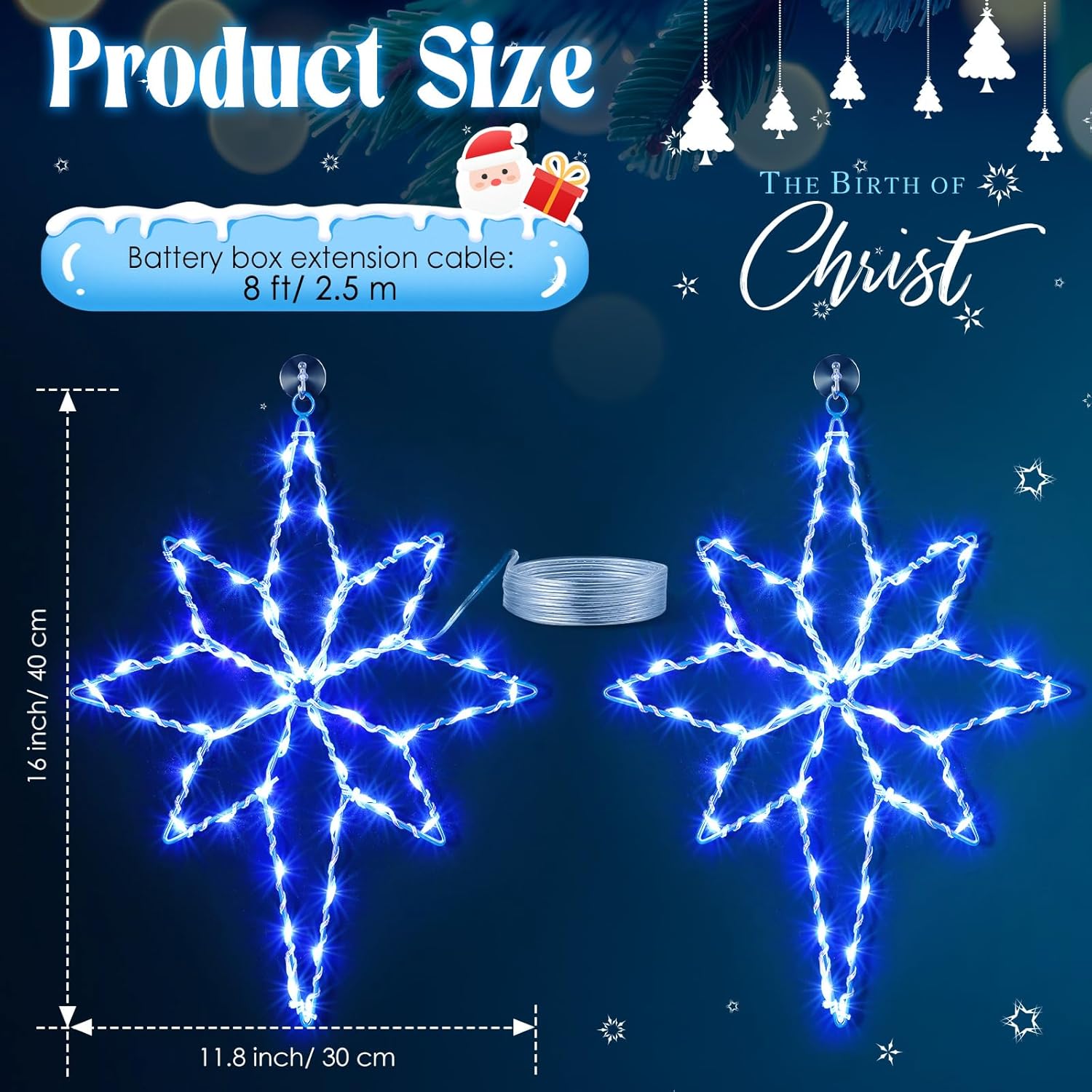 2 Pack 16 Large Christmas Window Light Decorations, LED Bethlehem Christmas Star Window Silhouette Lights with Timer, 8 Models, Iron Frame, Battery Operated Lighted Xmas Star Decors (Blue)