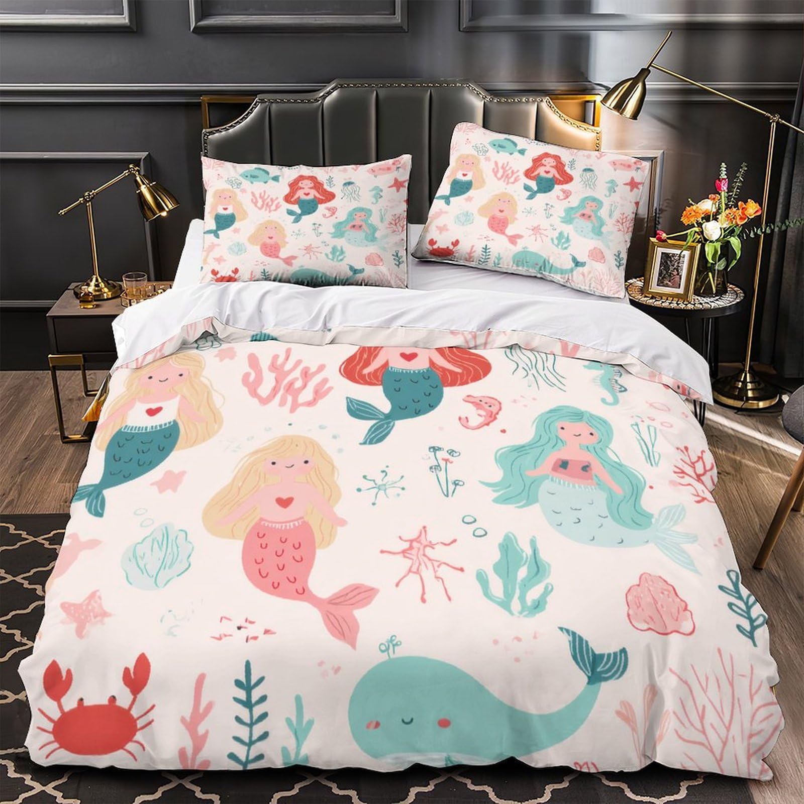 Housse de couette sirène microfibre douce 3 pièces lit 1 personne 135x200cm motif mer imprimé 3D