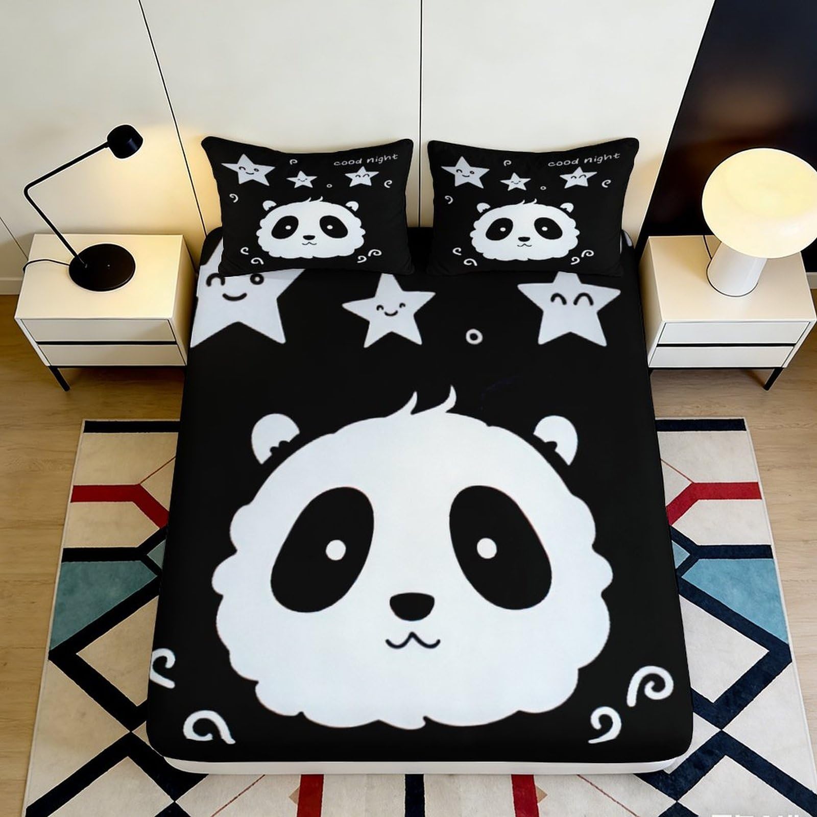 3D Printed Panda Fitted Sheet Microfiber Non-Slip Deep Pocket Panda Mattress Fitted Cover Bedroom Bedding Washable 140x200x25cm