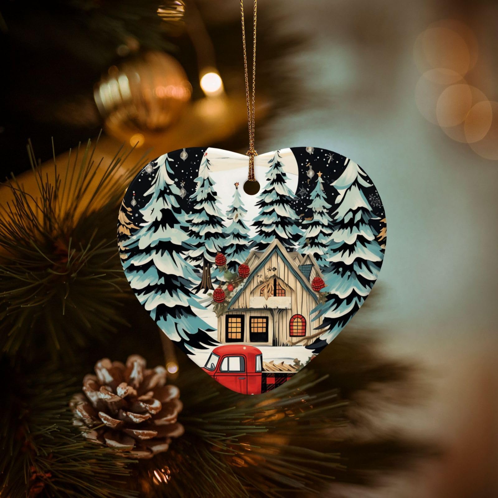 Christmas Tree Ornaments Ceramics Christmas Decorations Farmhouse Christmas Ornaments with Gold Ribbon Porcelain Xmas Tree Crafts Heart Shape Hanging Pendant for Christmas Tree Party Decor