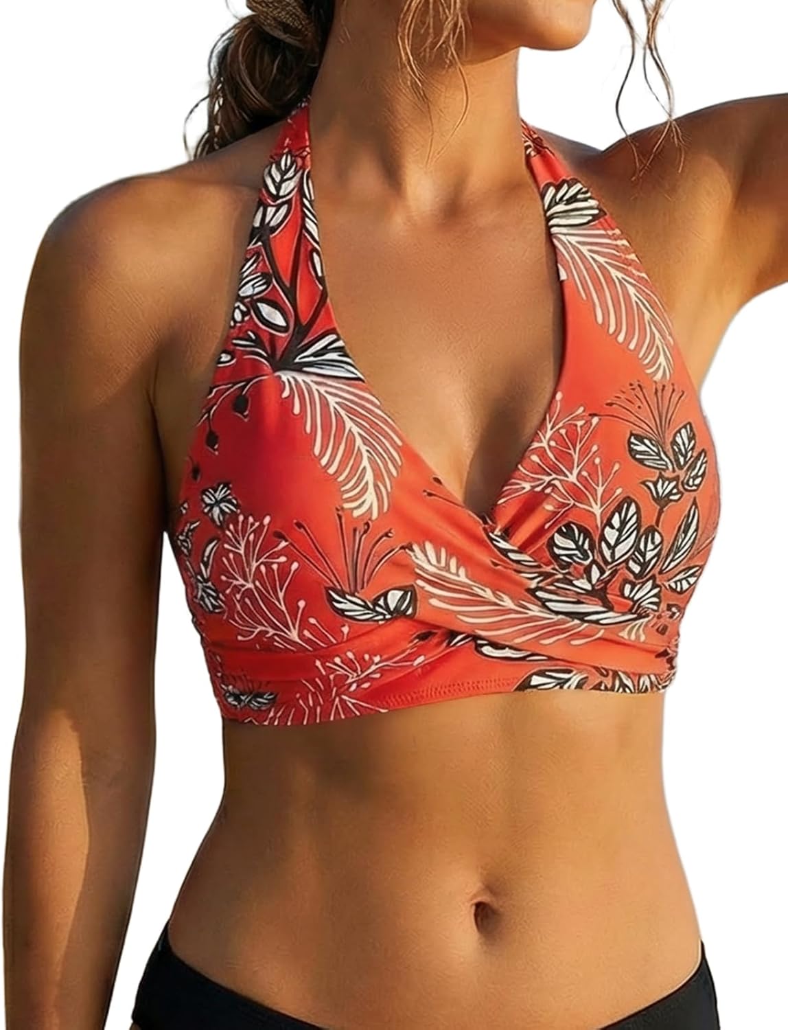 Firpearl Women's Underwire Bikini Tops V Neck Halter Swim Top Push Up Criss Cross Bathing Suit Top Only