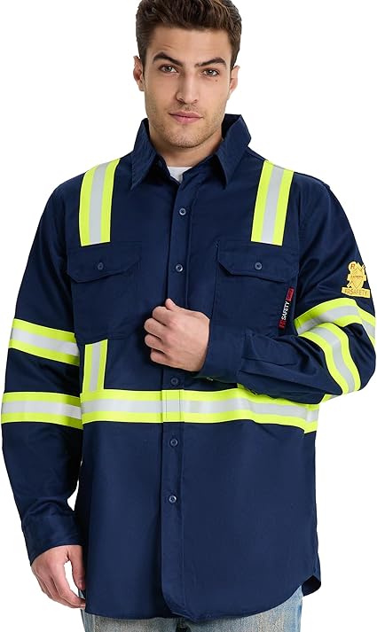 SRsafety Hi Vis FR Shirts for Men,7.0oz Long Sleeve FR Work Shirts,100% Cotton High Visibility Fire Shirt