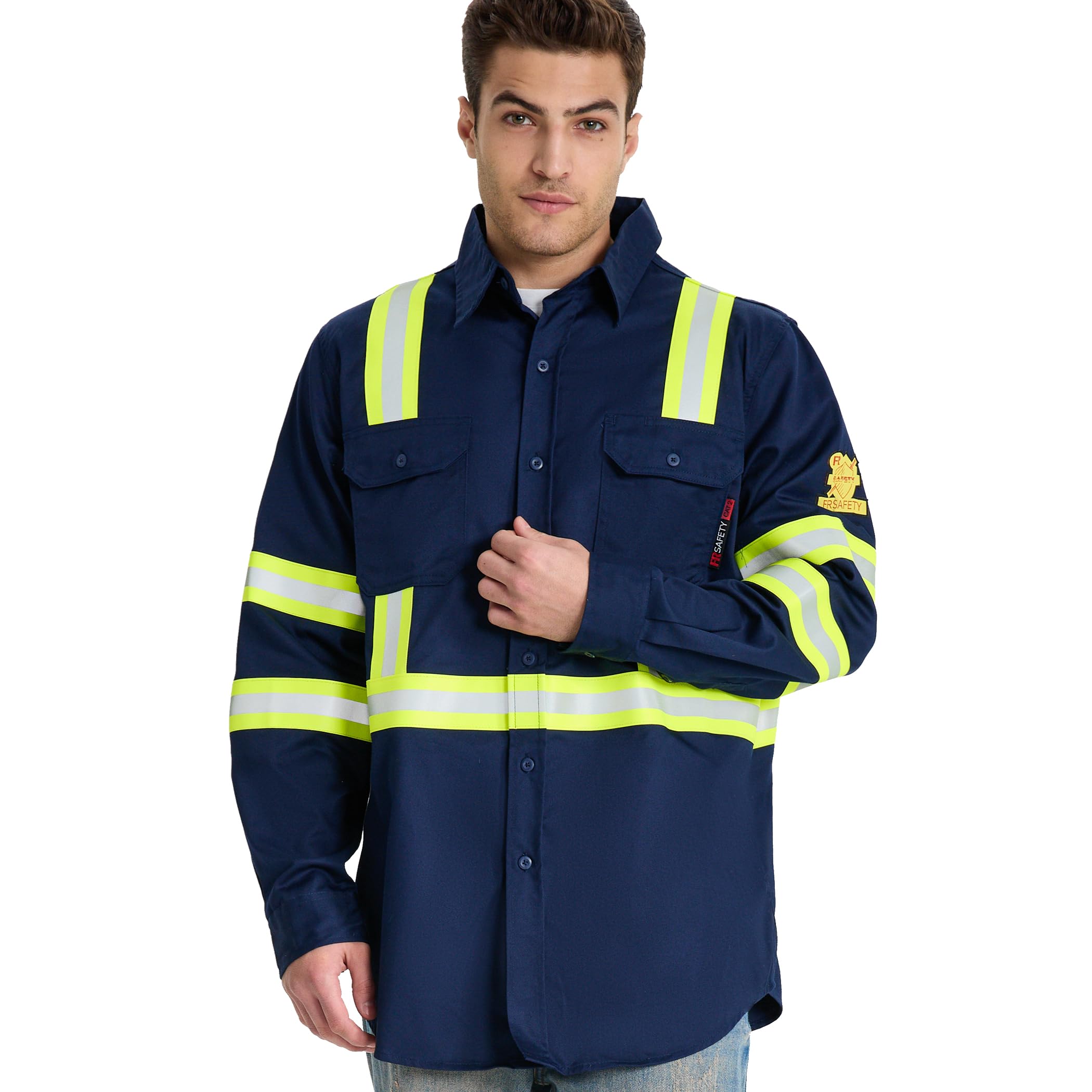 SRsafety Hi Vis FR Shirts for Men,7.0oz Long Sleeve FR Work Shirts,100% Cotton High Visibility Fire Shirt