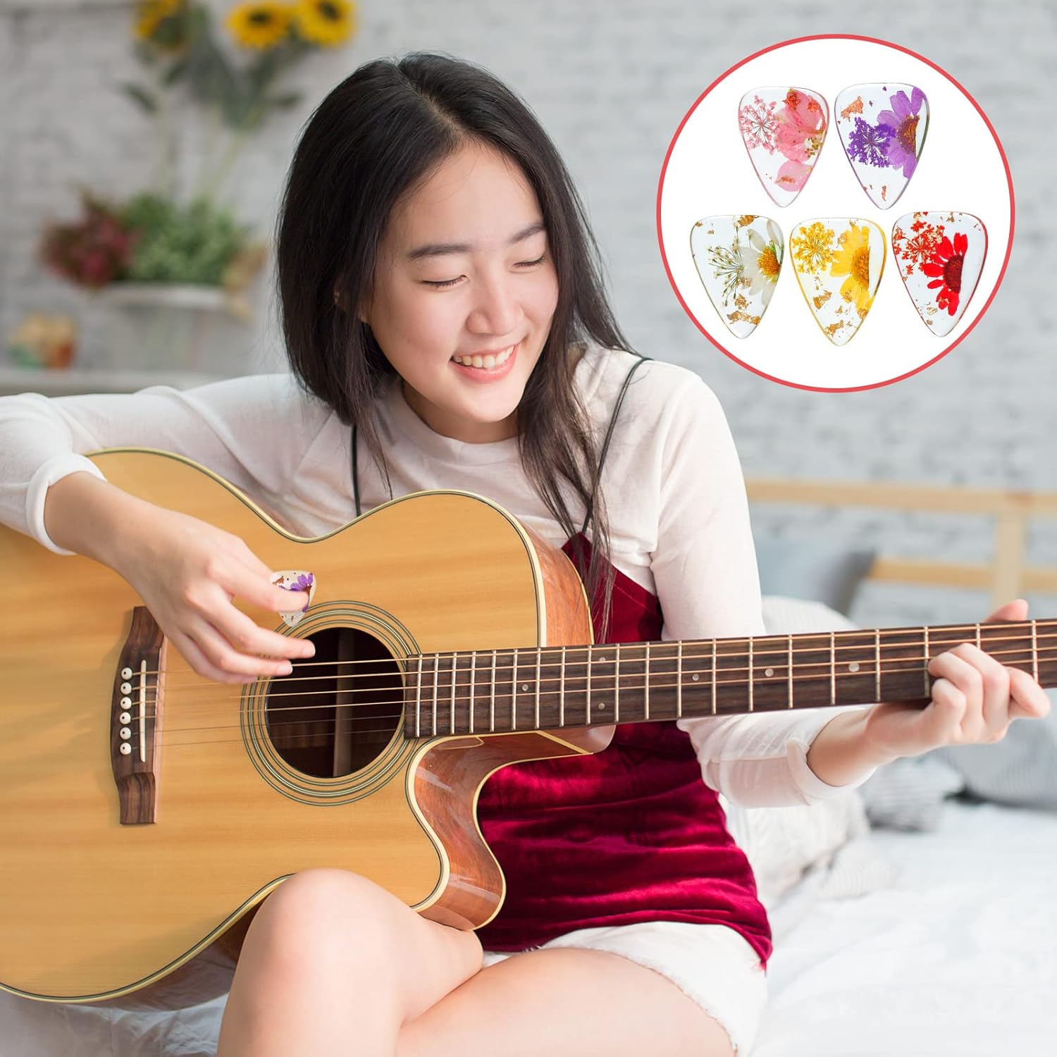5 Pieces Flower Guitar Picks Dried Flower Resin Guitar Picks Handmade Plectrums Stylish Colorful Guitar Plectrums Floral Bass Picks for Electric, Acoustic Guitar Bass Ukulele, 5 Styles : Musical Instruments