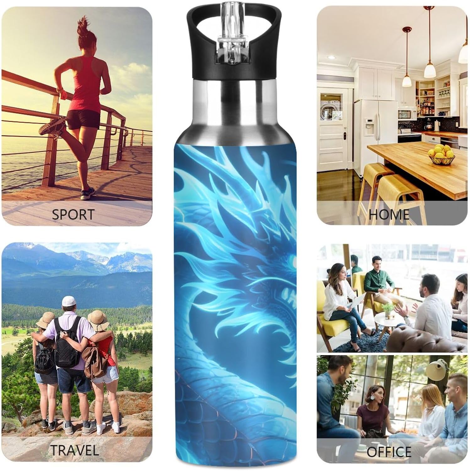 Dragon Blue Lightning Water Bottle with Straw Lid Kids Insulated Stainless Steel Water Flask Sports, 20 Oz Hot Cold - Image 6
