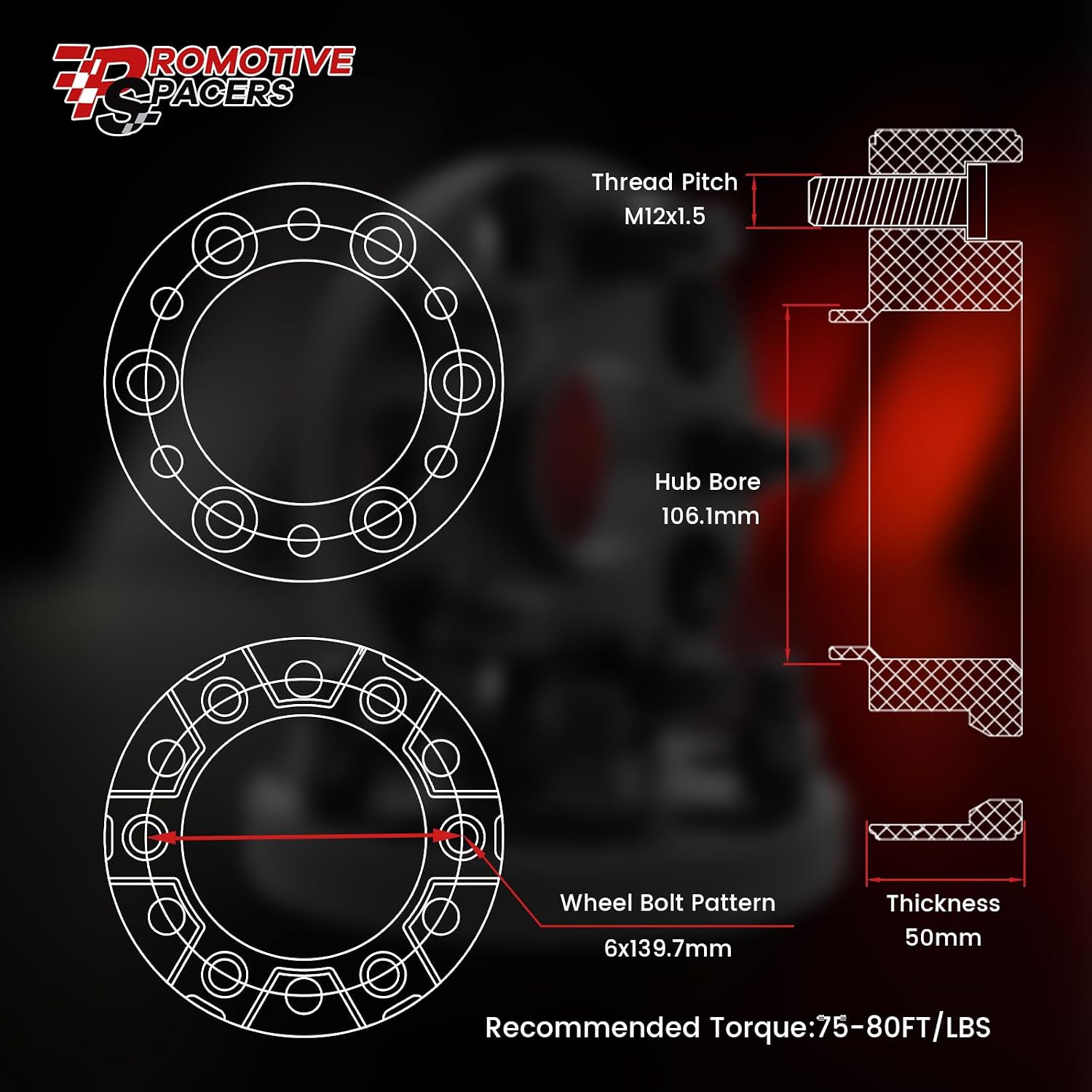 2" (50mm) Forged Hubcentric Wheel Spacers 6x139.7 6x5.5, 106mm Center Bore M12x1.5 Studs Compatible with Tacoma 1995–2023, 4Runner 1984–2023, Tundra 2000–2006, T100 1993–1996, Pick Up 1980–1995 (4Pcs)