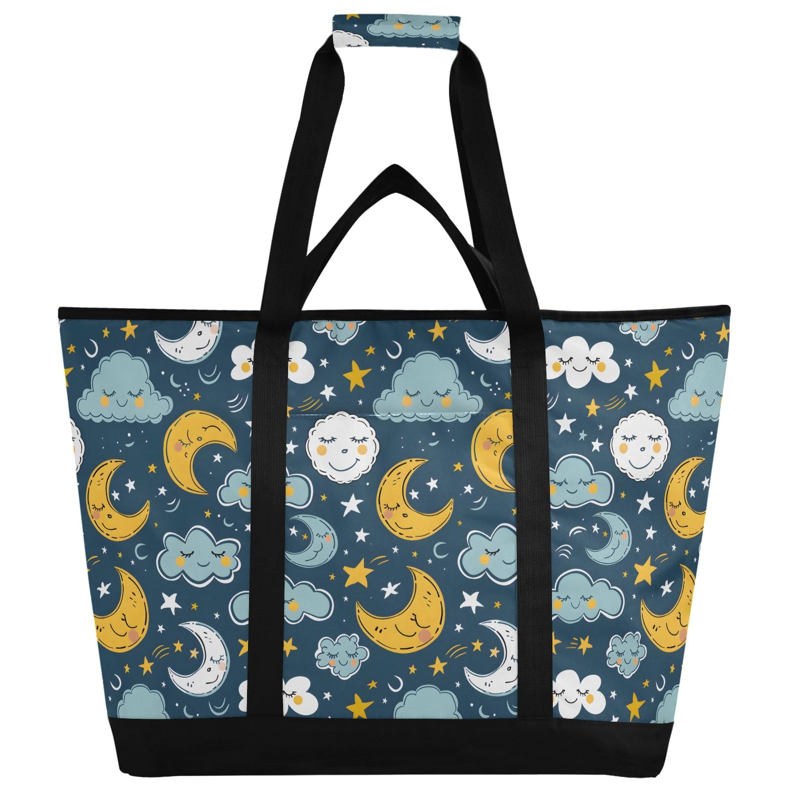 Borsa termica isolata con motivo luna e nuvole, riutilizzabile, con cerniera, grande, per viaggi o campeggio