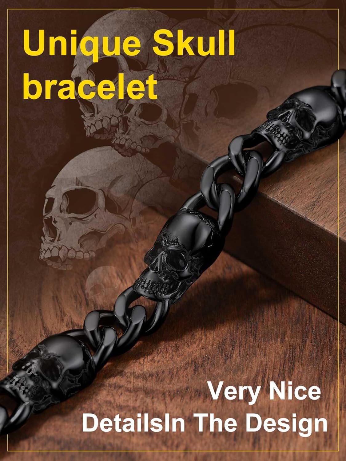 ChainsProMax Men Cuban Link Bracelet Skull Bracelets, 7.5"-9" Inches, Stainless Steel/Gold Plated/Black-Send Gift Box