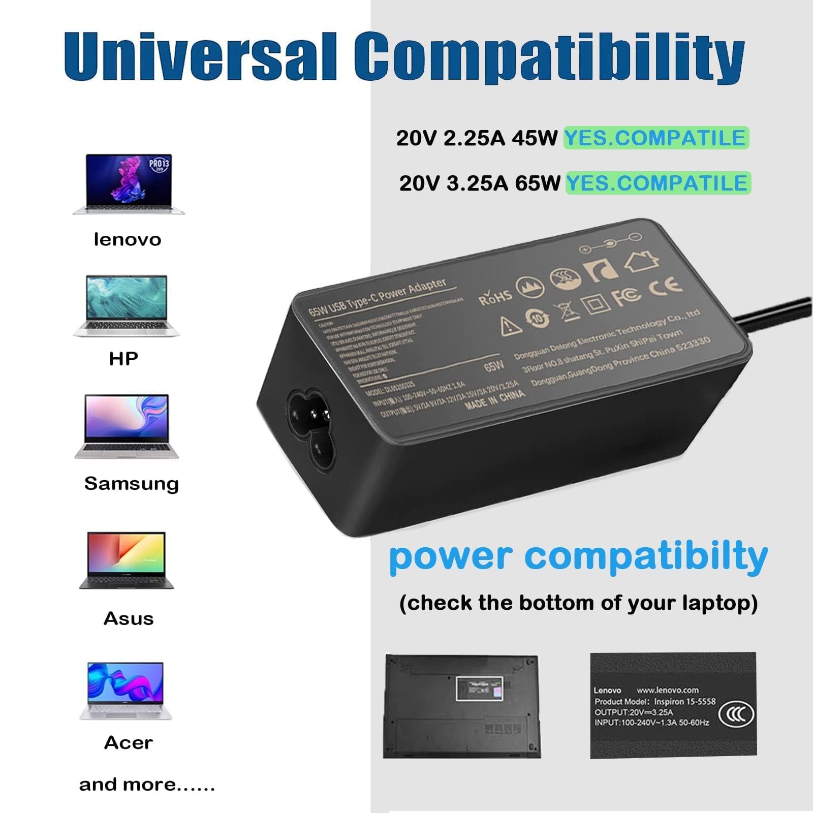 Alimentatore USB C 65W Notebook Caricabatterie per Lenovo ThinkPad X1 Carbon 5th 6th 7th T480 T490 T580 T590 T14 E15 IdeaPad Yoga 720 730 910 920 C930 Chromebook 100e Portatile Adattatore Caricatore