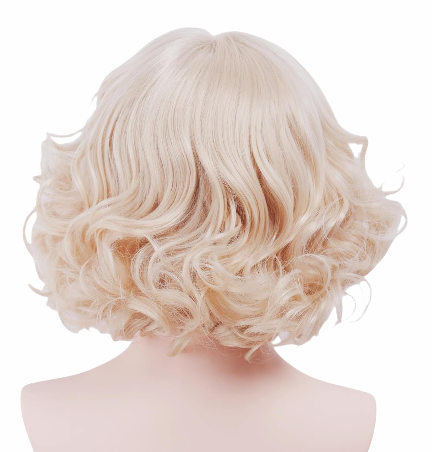 Rugelyss Short Curly Wavy Blonde Wig with Bangs Synthetic Hair Wigs for Women for Cosplay or Party