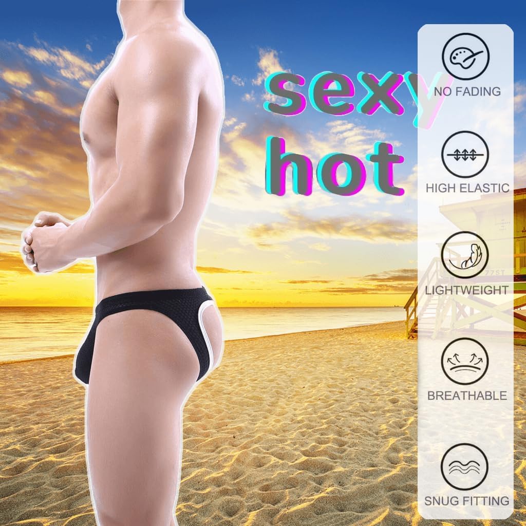 Men's Sexy Jockstrap Underwear Thong Mesh Bikini Briefs with Enhancing Pouch See through Underpants Low Rise Panty - Image 3