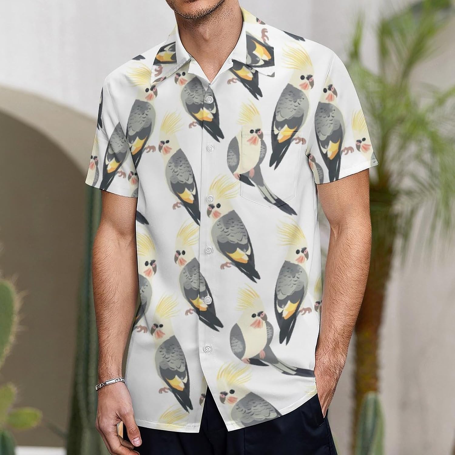 Cute Cockatiel Birds Men's Short Sleeve Shirts Casual Novelty Printed Button Down Tops