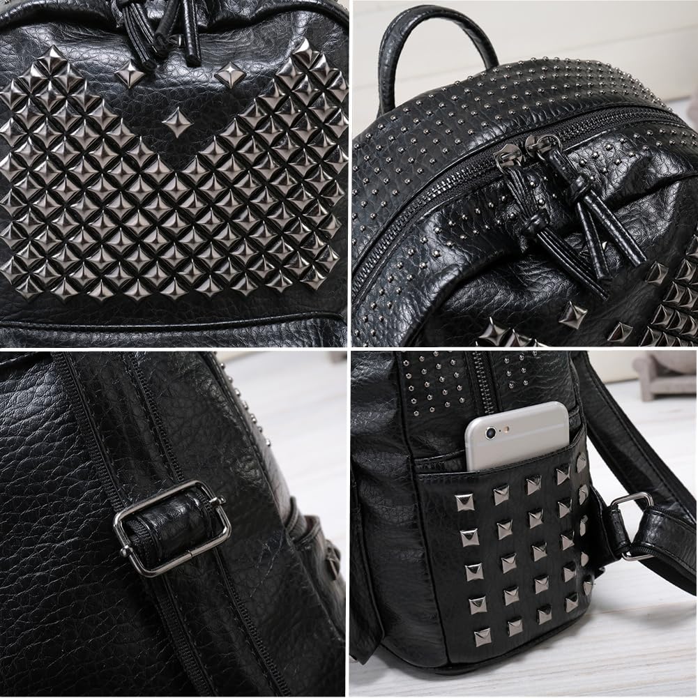 Rivet Design Luxe czarny plecak ze skóry PU torba na ramię wypoczynek torba podróżna torba szkolna plecak dla nastolatek dziewcząt, Czarny, M, Plecaki tornistry