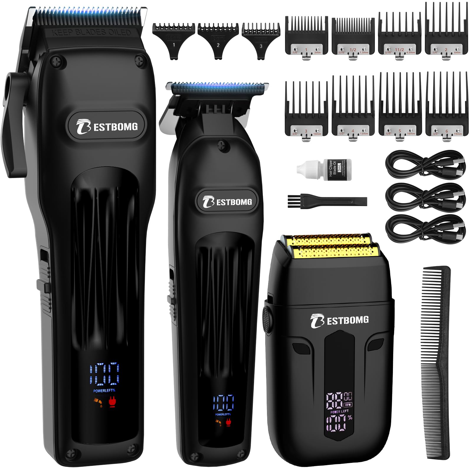 Hair Clippers for Men Professional Hair Clippers, Beard Trimmer& Rechargeable Shaver Set, Metal T-Blade, LED Display