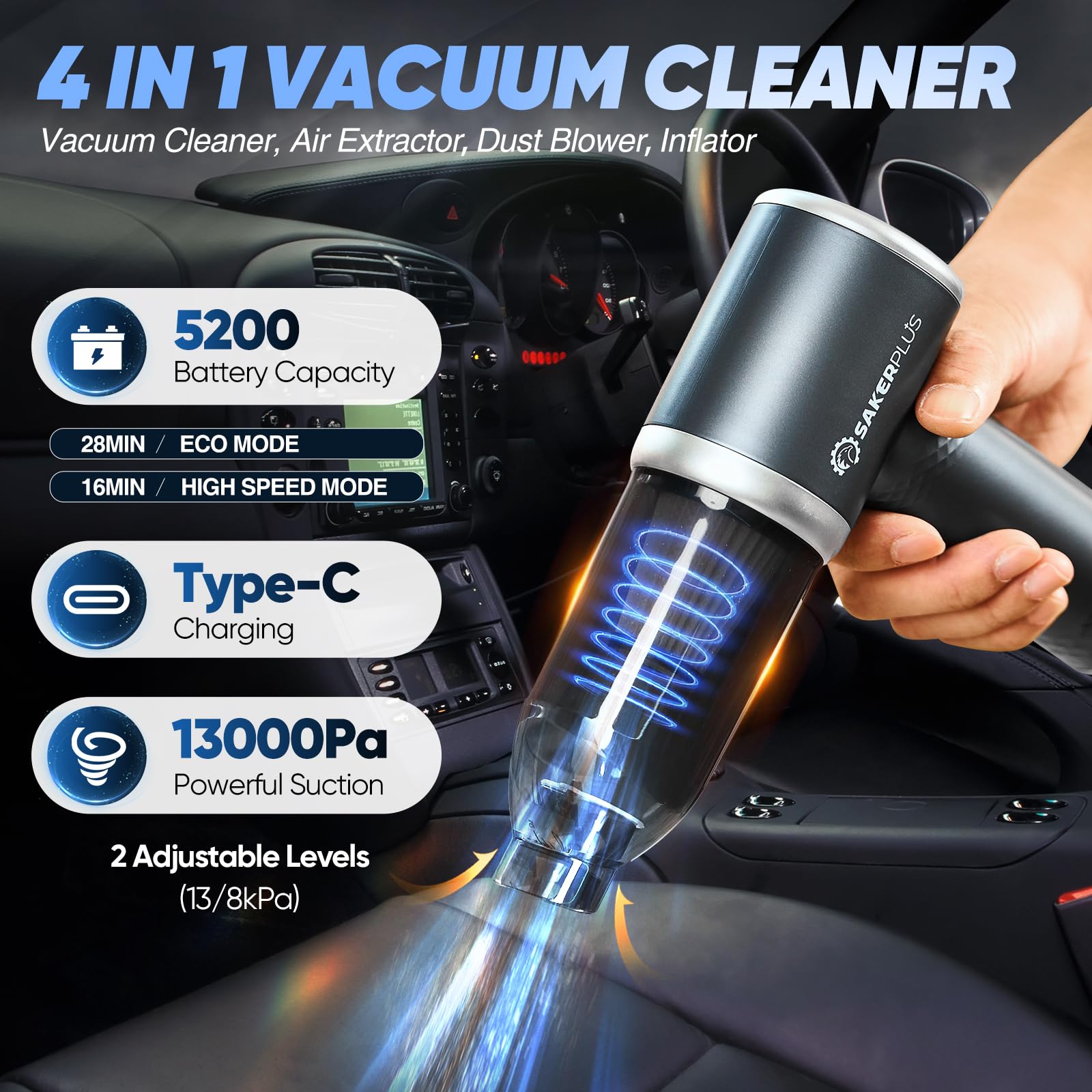 SakerPlus Car Vacuum Cleaner- 3 in 1 Cordless Handheld Vacuum Cleaner, 13000Pa Car Vaccum Cleaner High Power Brushless Motor,Adjustable Car Vaccum Portable Cordless for Cars,Desktop,Home Cleaning
