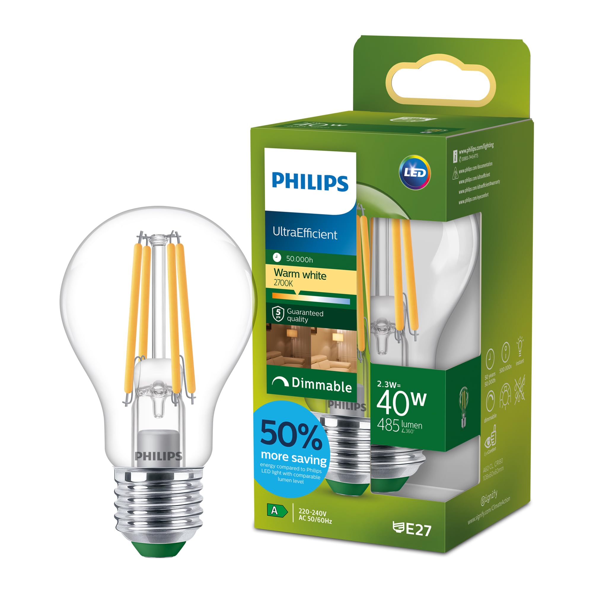 Philips LED UltraEfficient Clear A60 Filament Bulb, E27 Edison Screw, Energy Class A, 485 lm, 40W Equivalent, Warm White (2700K), Dimmable, EyeComfort, 50,000 Hours, 1 Pack