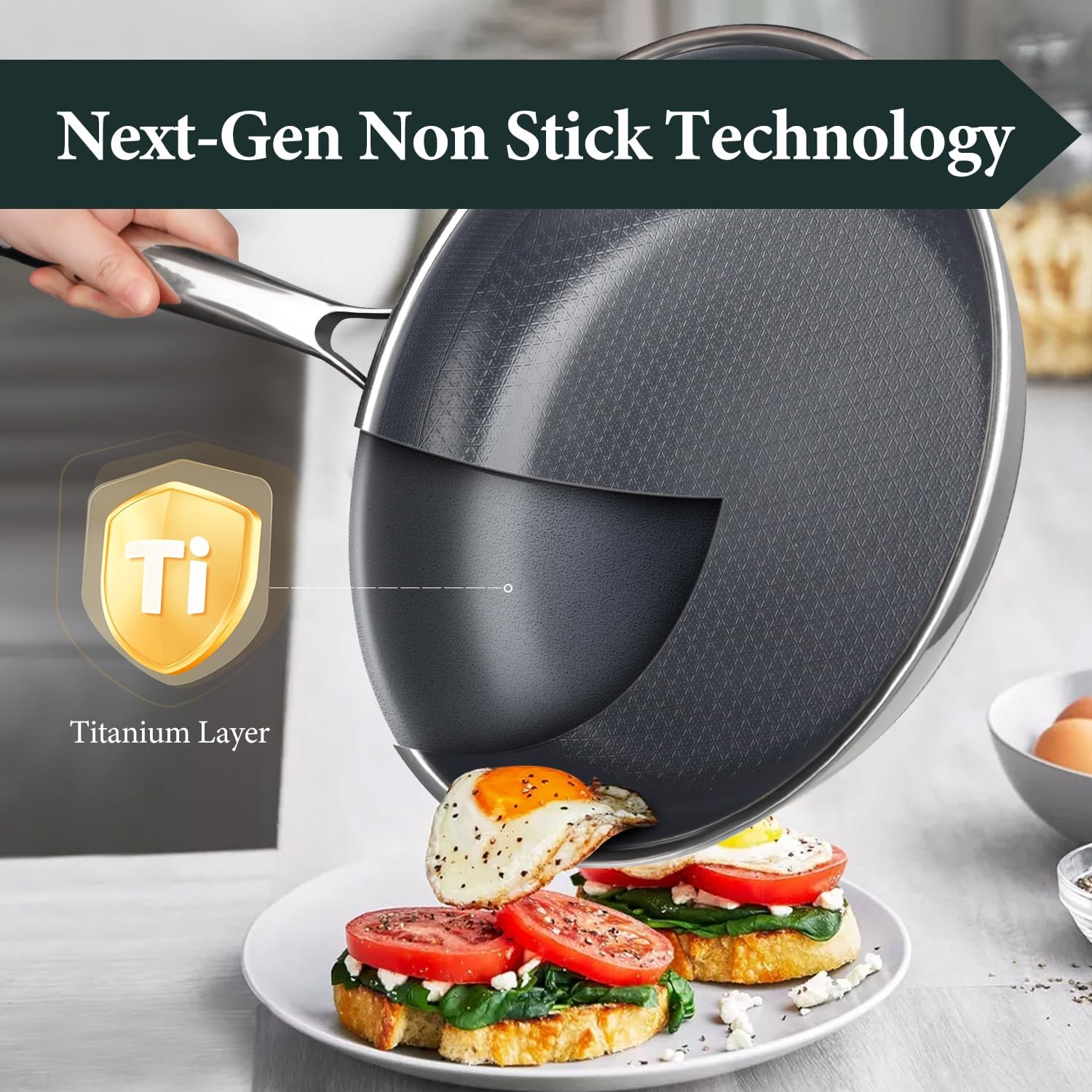 Non Stick 10-Inch Pan, Titanium Hybrid Pan with Lid, Stay-Cool Handle, Professional Frying Pan, Dishwasher Friendly, Oven Safe, Compatible with All Cooktop