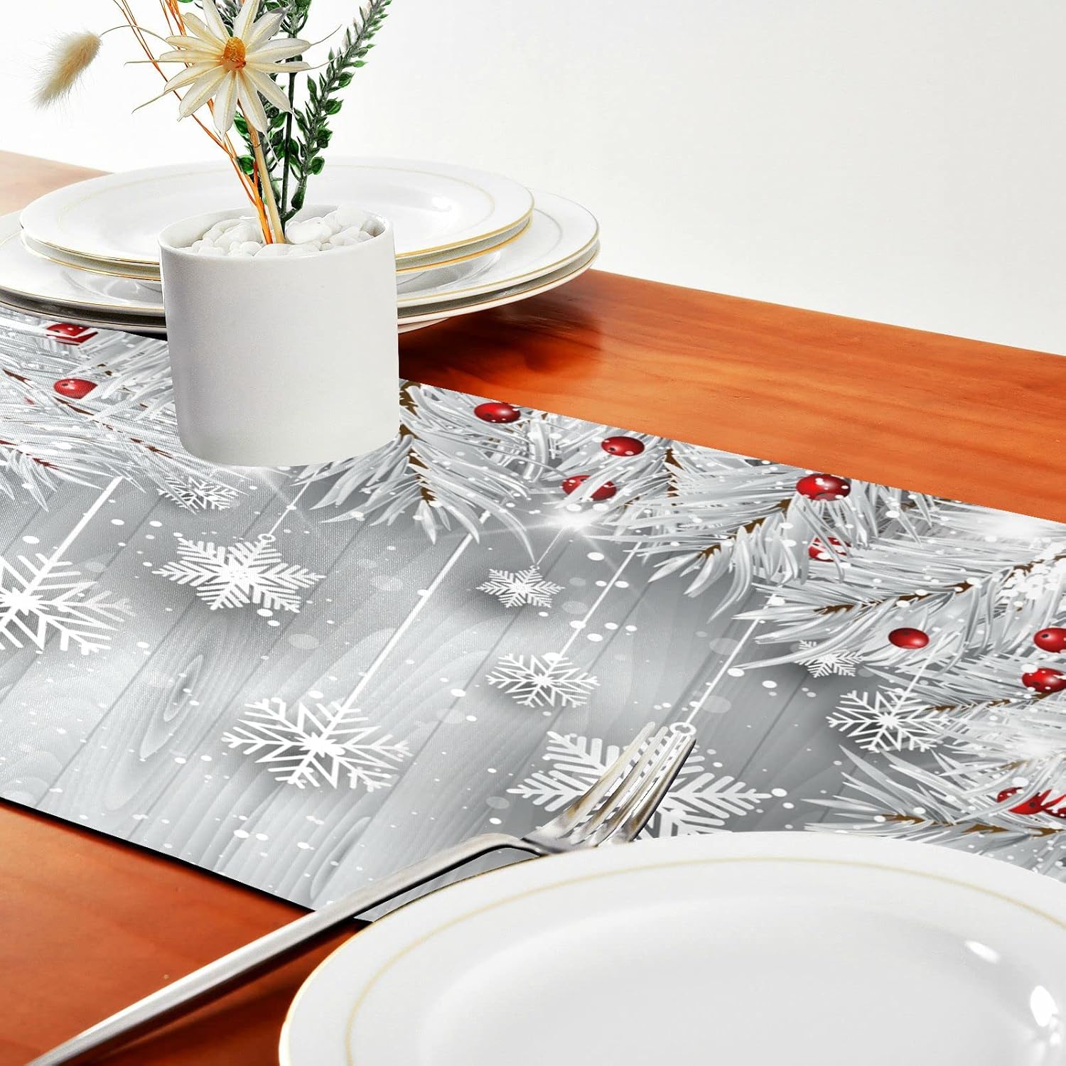 ALAZA Double-Sided Silver Christmas Tree Snowflake Table Runner 18x72 Inches Long,Table Cloth Runner for Wedding Birthday Party Kitchen Dining Home Everyday Decor