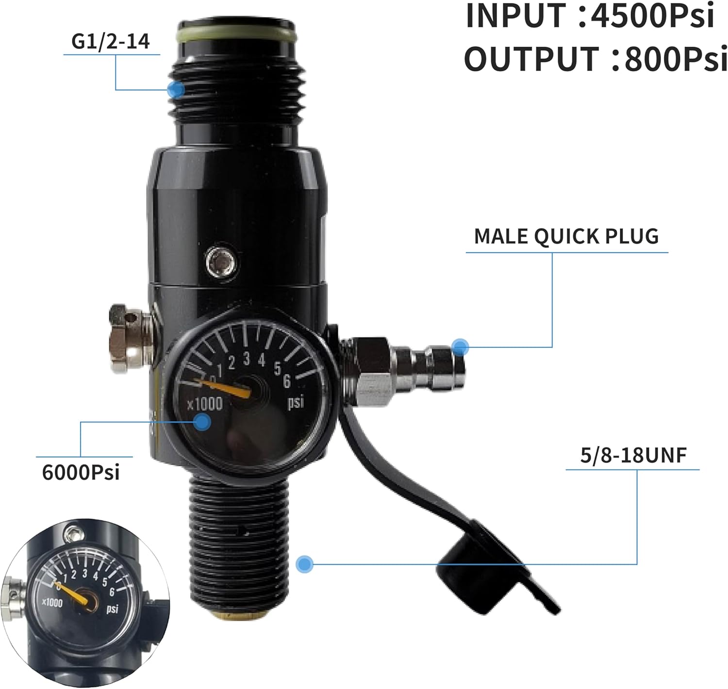 DOT 68ci/4500psi Paintball Tank System,Black cabon Fiber 68ci hpa Tank,Paintball pcp air Tank,pcp Tank 4500 psi with 4500psi Input 800psi Output 5/8-18UNF Inlet Thread hpa Regulator